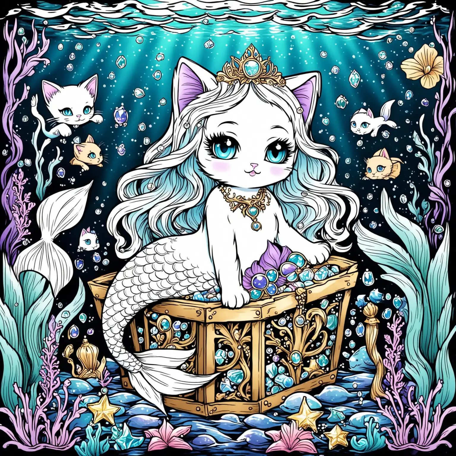 Coloring page featuring the mermaid kitten with predominantly white features, in a treasure-themed, dreamlike underwater environment. The kitten is adorned with sparkling, light-colored mystical jewels and floral elements, posed enchantingly with bold outlines for easy coloring.