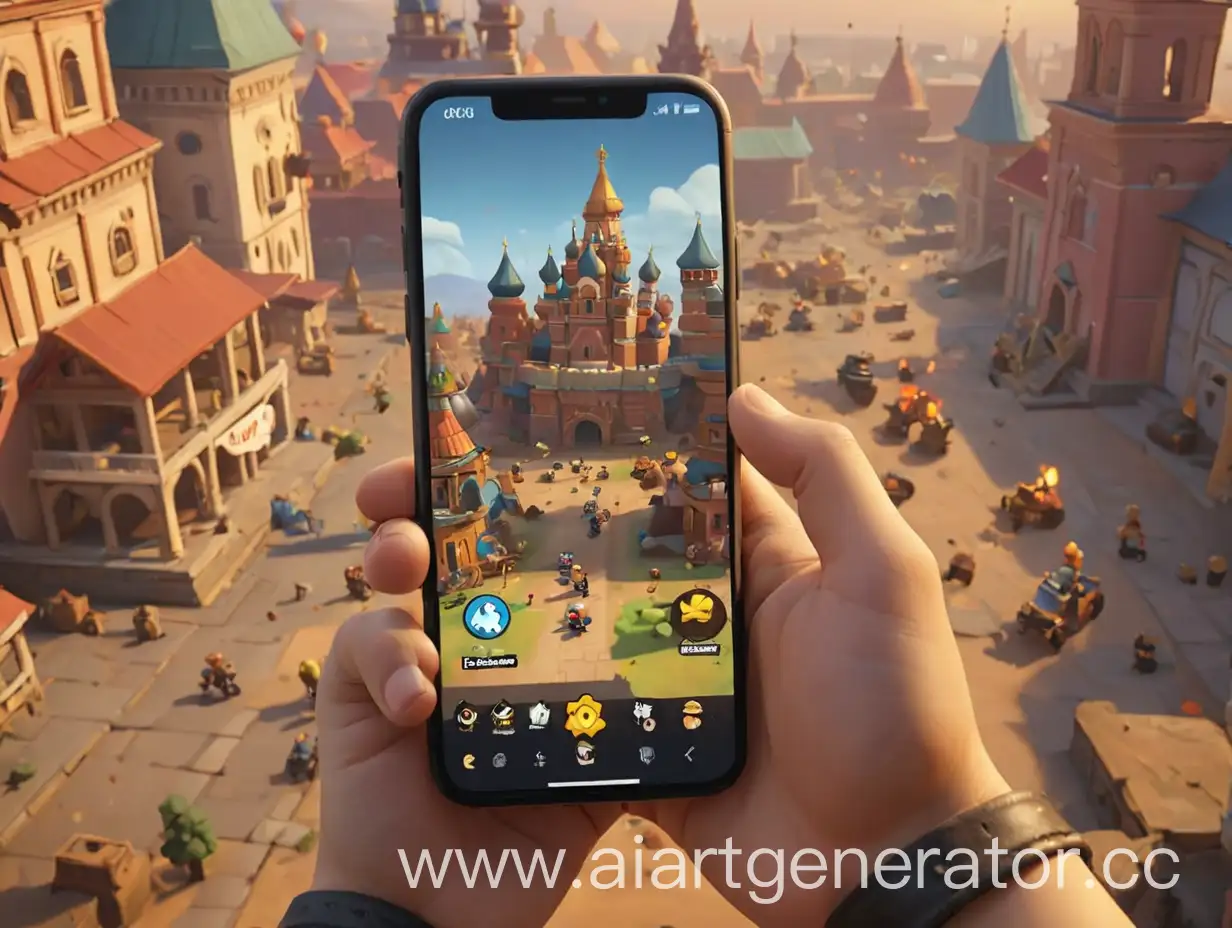 Геймплей мобильной игры в стиле brawl stars из россии  с элементами интерфейса и чтобы был кремль