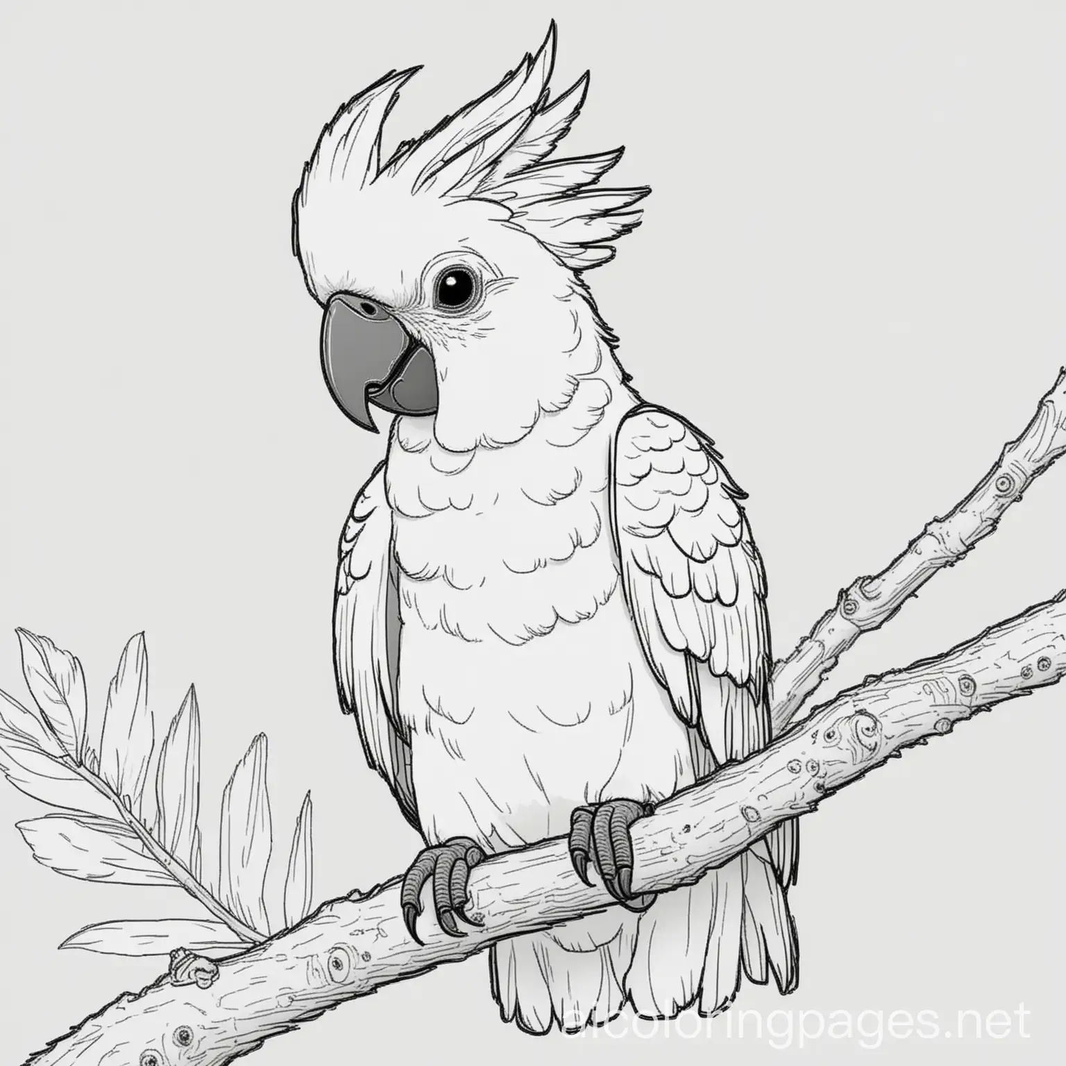 cockatoo in its habitad, toddler friendly, Coloring Page, black and white, line art, white background, Simplicity, Ample White Space. The background of the coloring page is plain white to make it easy for young children to color within the lines. The outlines of all the subjects are easy to distinguish, making it simple for kids to color without too much difficulty