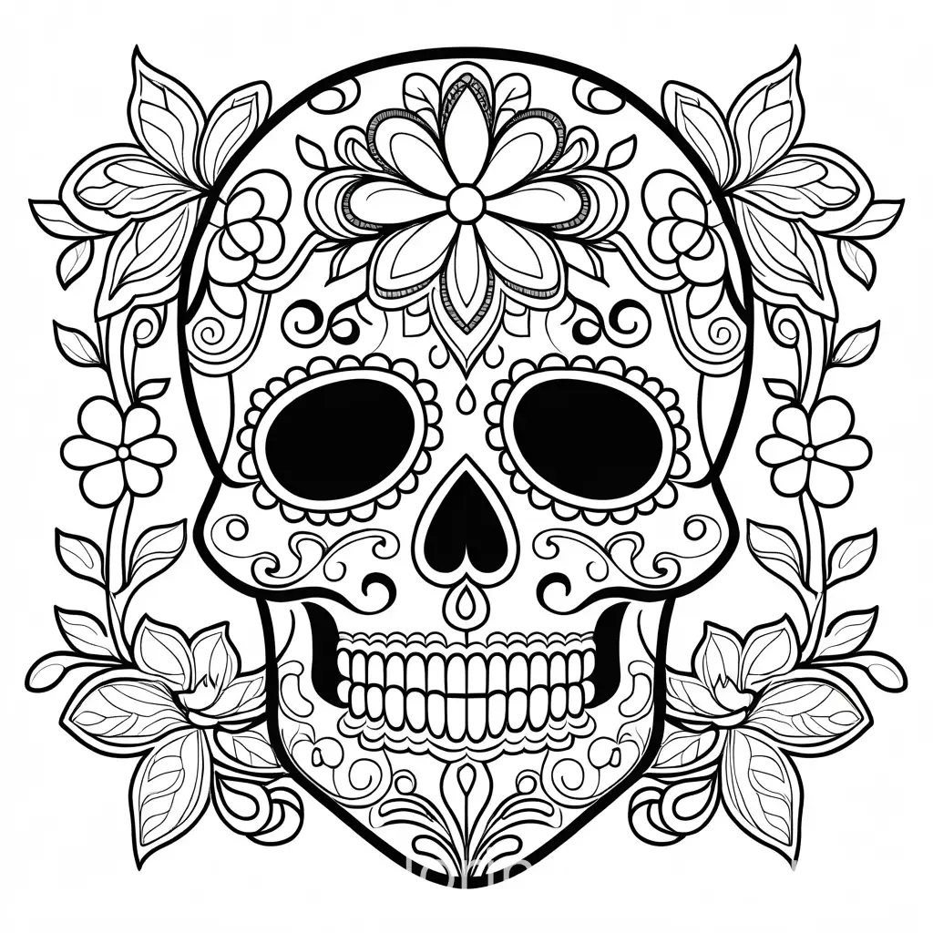 Elaborate sugar skull designs inspired by the Day of the Dead, Coloring Page, black and white, bold thick marker line, white background, white space at the bottom, Simplicity, Ample White Space. The background of the coloring page is plain white to make it easy for young children to color within the lines. The outlines of all the subjects are easy to distinguish, making it simple for kids to color without too much difficulty, Coloring Page, black and white, line art, white background, Simplicity, Ample White Space. The background of the coloring page is plain white. The outlines of all the subjects are easy to distinguish, making it simple for kids to color without too much difficulty, Coloring Page, black and white, line art, white background, Simplicity, Ample White Space. The background of the coloring page is plain white to make it easy for young children to color within the lines. The outlines of all the subjects are easy to distinguish, making it simple for kids to color without too much difficulty