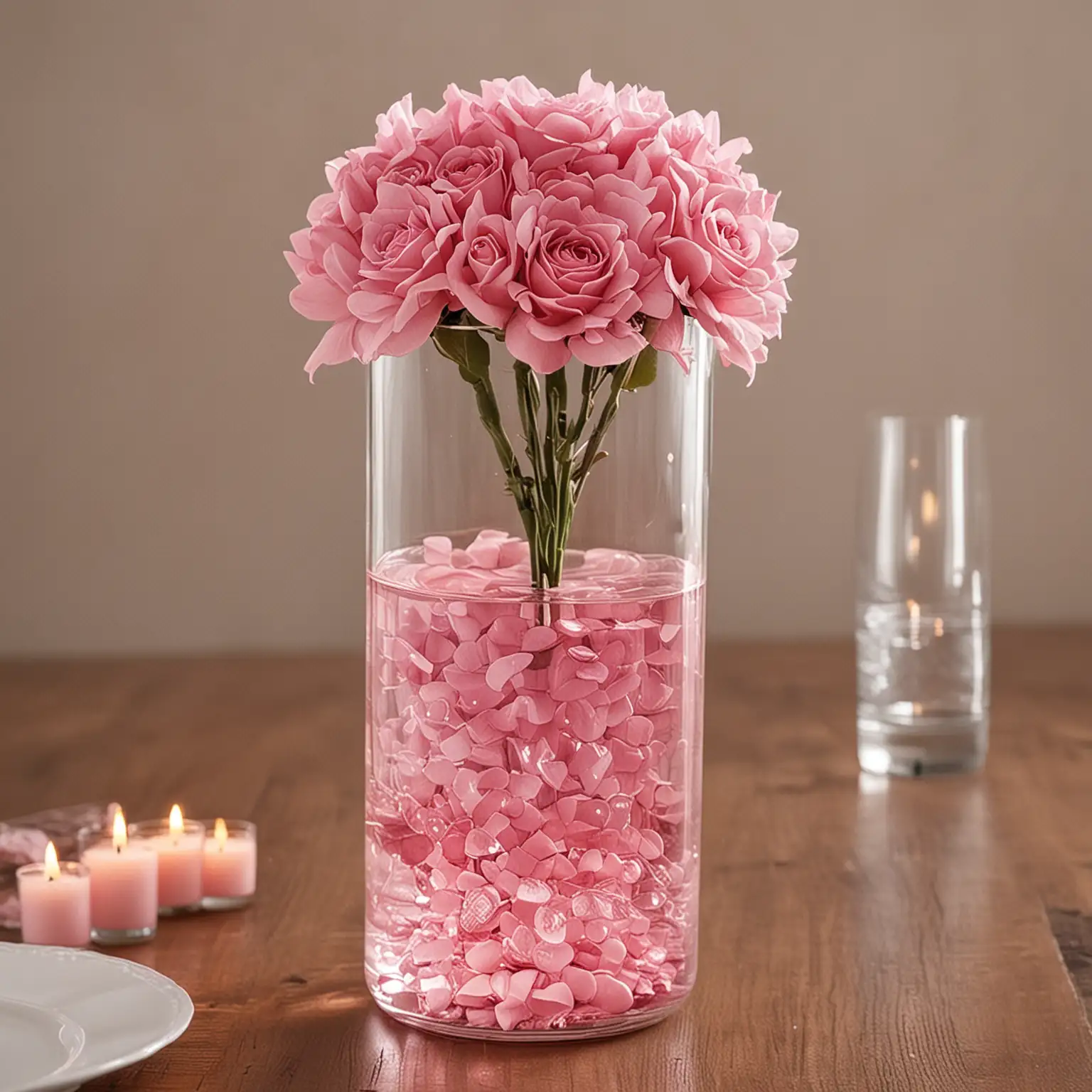 a simple DIY wedding centerpiece with a glass cylinder vase filled with pink colored water