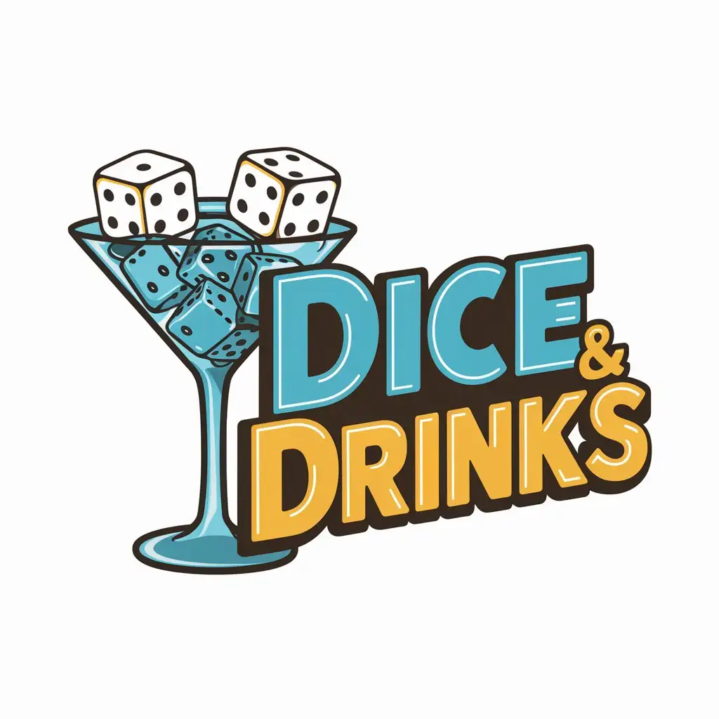 Do a logo for a Board Game bar named: Dice & Drinks
The logo should be colorful and elegant, it should convey that you can drink and play board games here.
In the logo there could be a cocktail glass with ice and the ice could be playing dice
Cartoon and colored