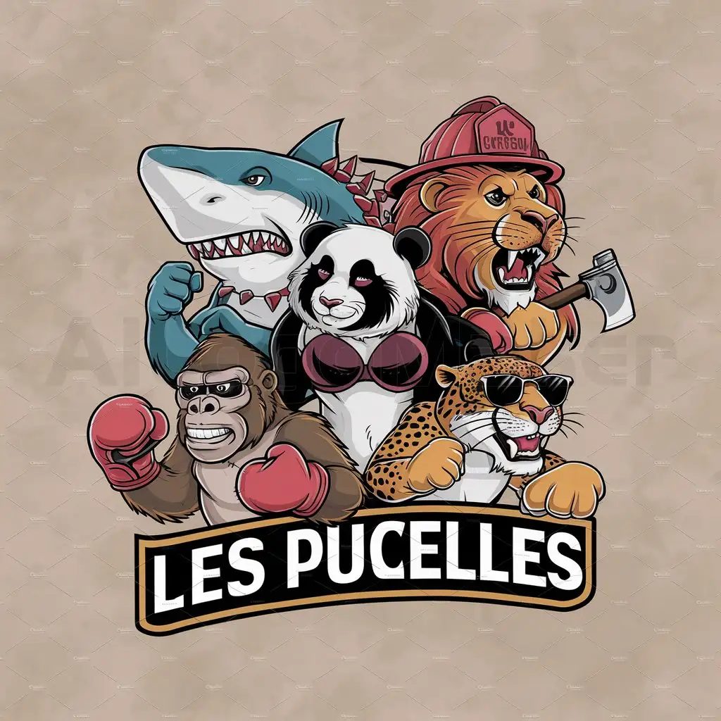a logo design,with the text 'les pucelles', main symbol:un logo cartoon with a fierce shark who shows his biceps and wearing a spiked collar held by a panda with little hearts in its eyes and wearing a bra, a fierce lion roaring holding a fireman's ax, a gorilla with a stupid smile wearing boxing gloves and a jaguar with sunglasses, Moderate,clear background
