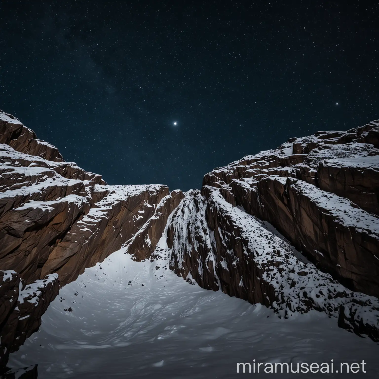 Extreme low angle  of   snowy rock face peek at night. We are looking up at the stare and the peak that is in the center of the frame