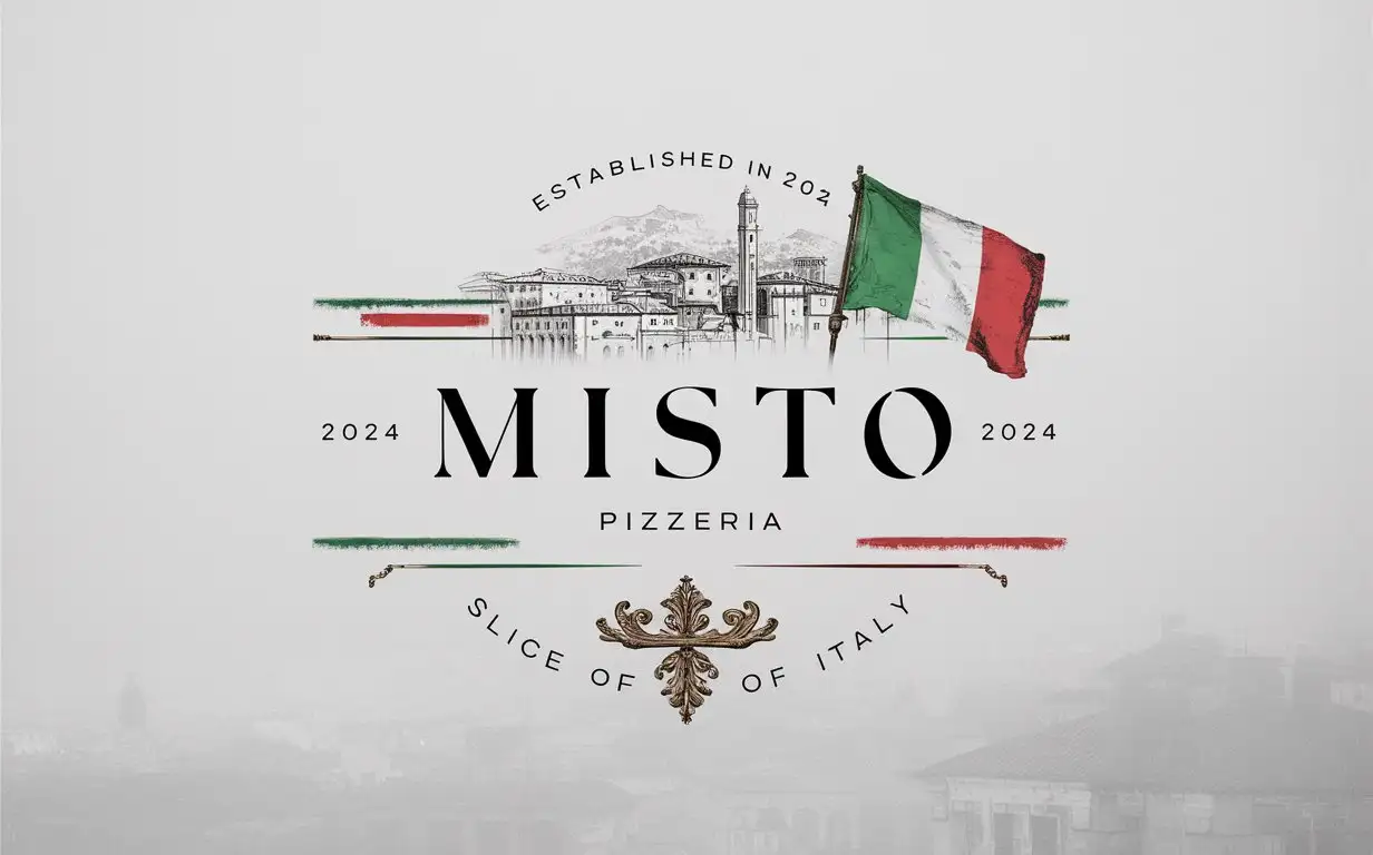 Misto Pizzeria, Minimalist, Emblem, Decorated , Italian colors , Foggy White background, EST 2024 , Italy flag , Antique, Slogan Slice of Italy , Sketched Italian City, Ornament, Rustic, white foggy atmosphere