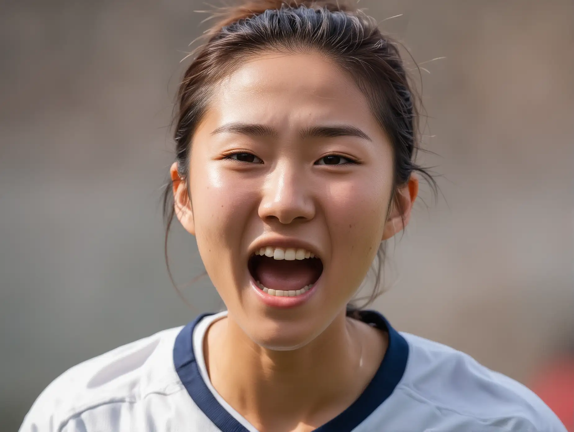 Close up natural face without make-up of a beautiful skinny Japanese women's college soccer player joyfully celebrating a glorious goal.