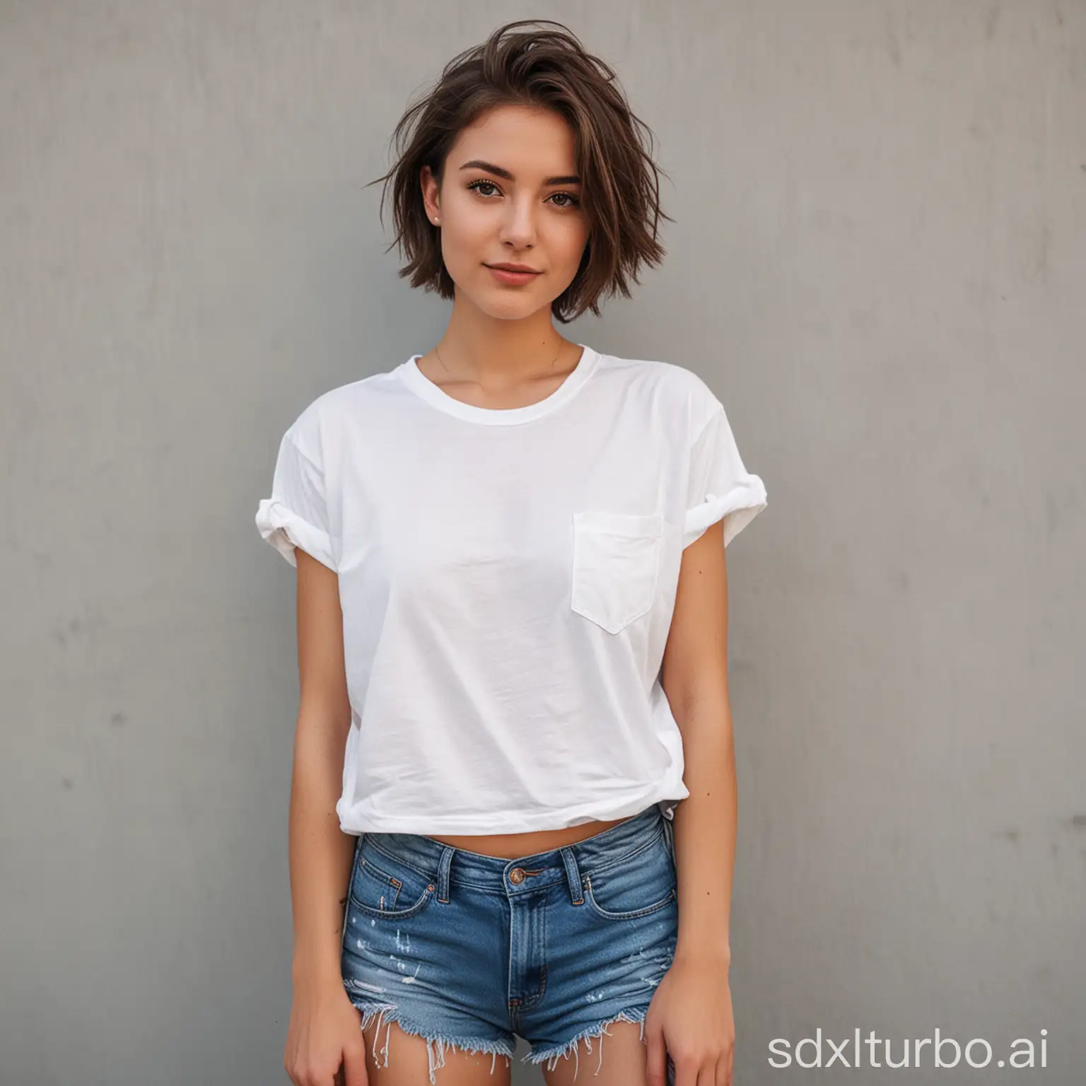 Girl with a white T-shirt, denim pants, and short hair