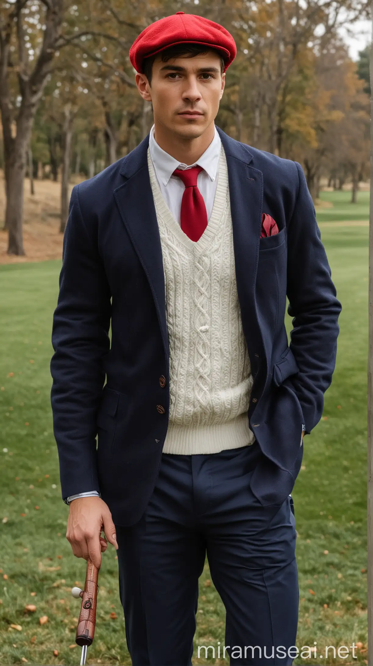 men wearing white shirt with red necktie with cable knit v neck sweater over the shirt and navy blazer jacket over sweater with navy chino with golf cap full length images