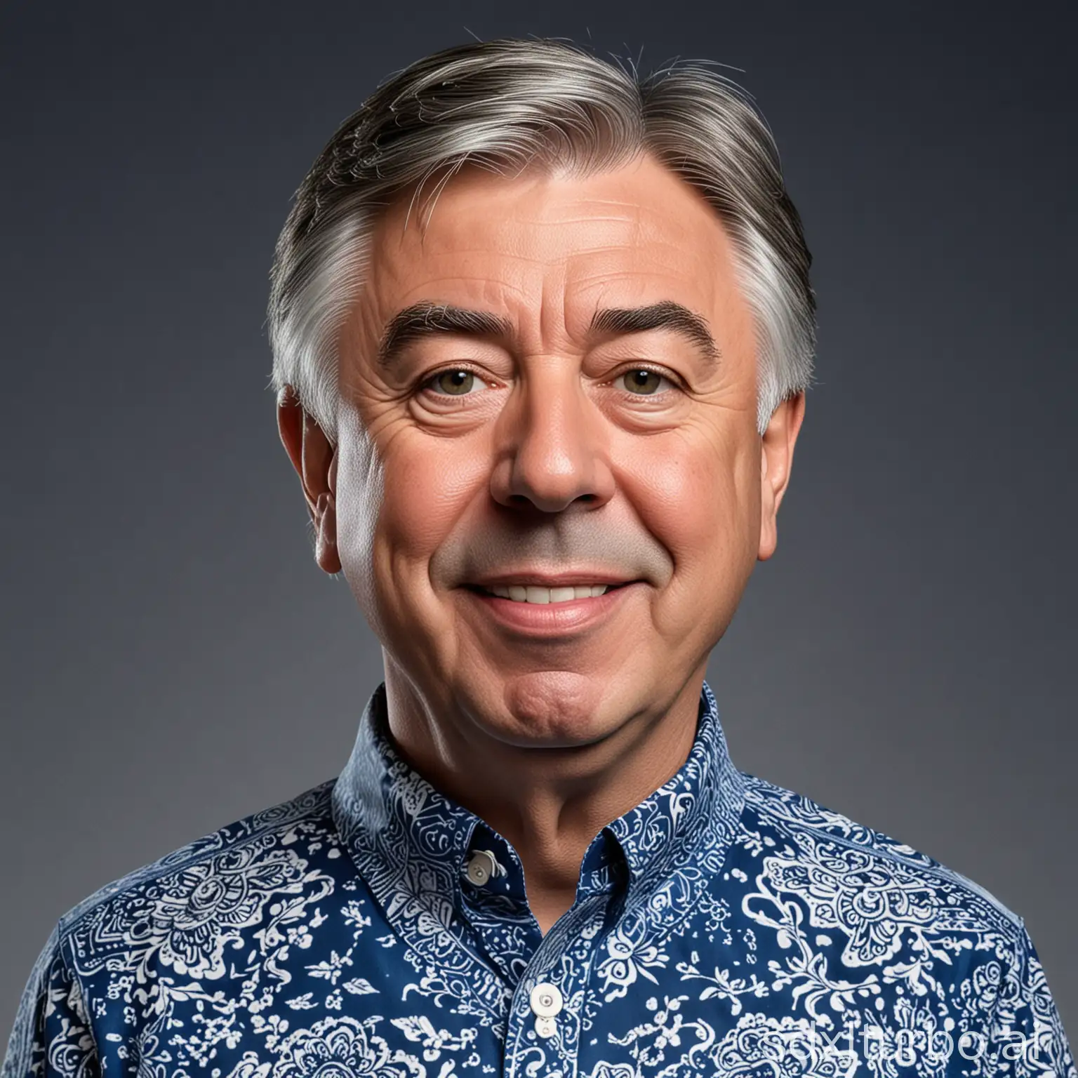 Caricature of Carlo Ancelotti, Wearing blue batik shirt with shanghai collar, posing for photo 3/4 front view