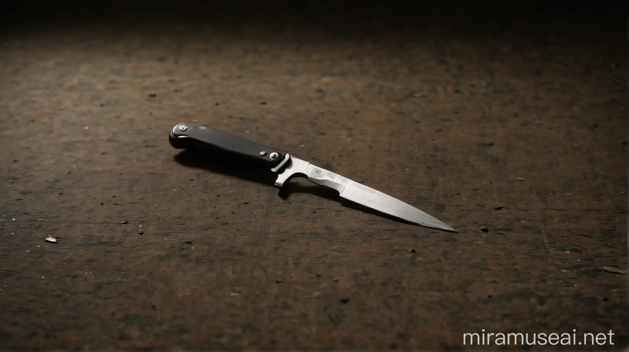 clear focus on sharp knife on floor, capture with dslr canon, 50mm lense, dark scene, two shadow in background