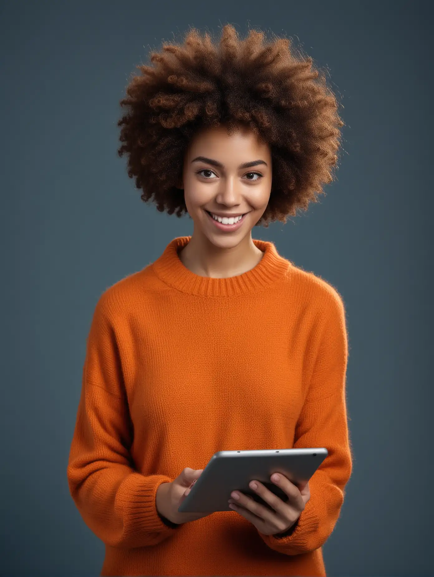 mujer super realista joven leyendo en una tablet, y sonriendo cabello afro usando un buso manga larga de color naranja, fotografia profesional en estudio con fondo azul oscuro