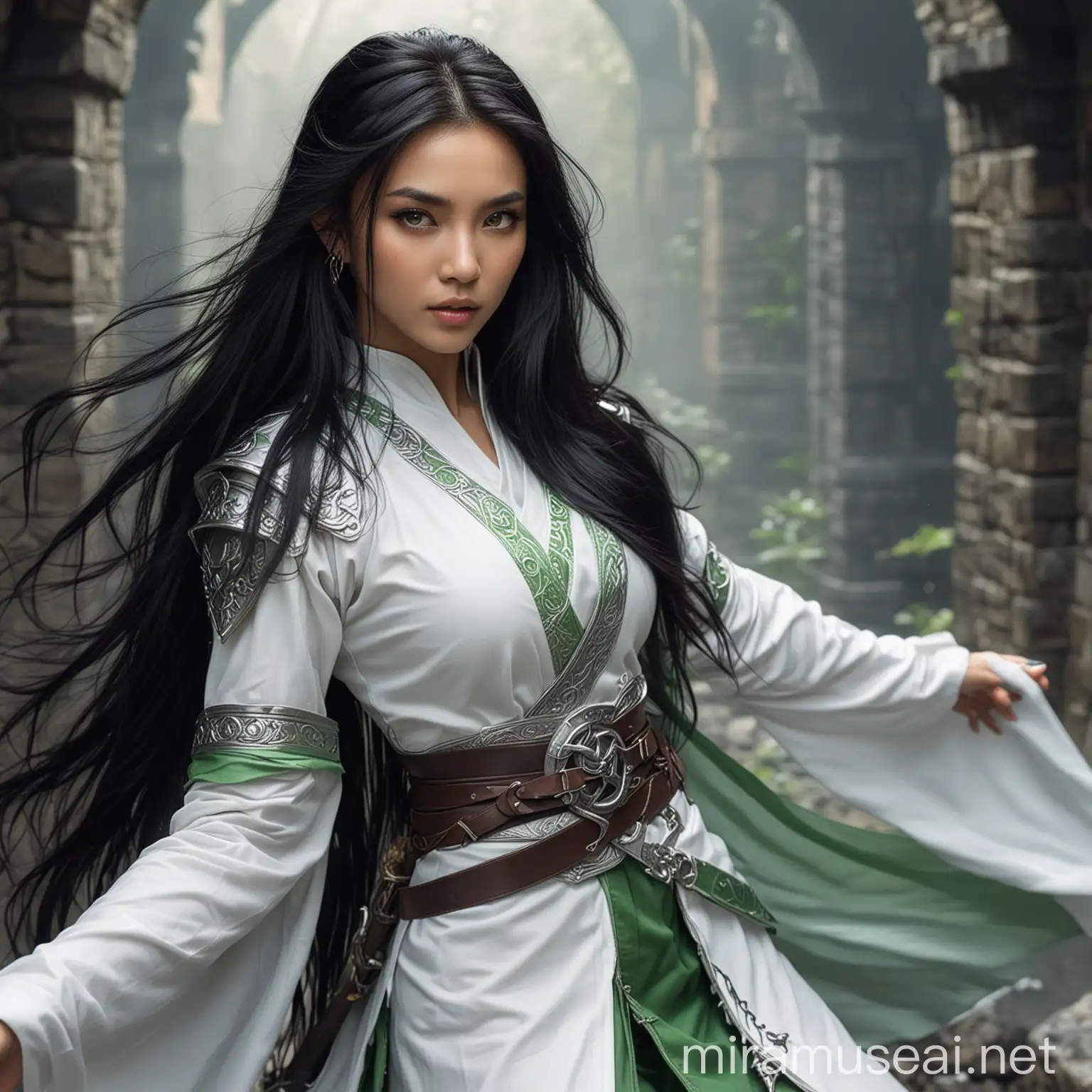 Sehr Schöne Frau, asiatische, lange schwarze Haare, grüne Augen, zierlich, weiße Kampfkleidung, dungeons and dragons Stil, fantasie 