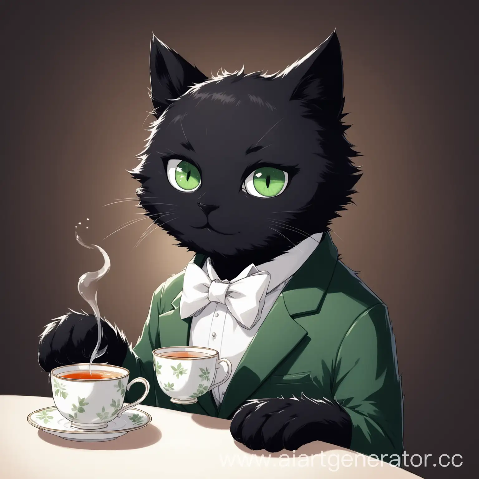 Черный фурри кот, белое пятно на правом глазу, белый галстук бабочка на груди, держит чашку чая, глаза темно-зеленого цвета