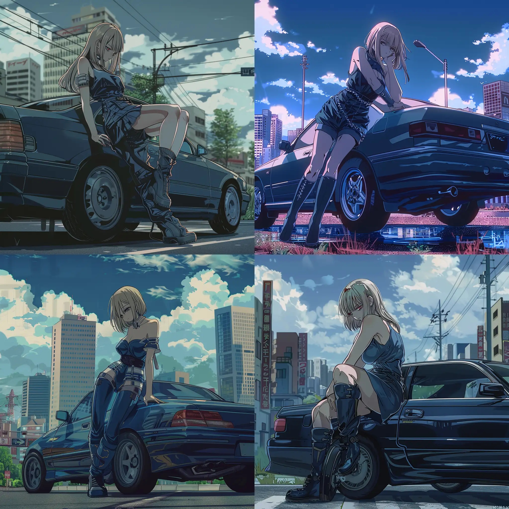 Cyberpunk-Anime-Character-Leaning-on-Car-Outside-City-in-Biker-Suit