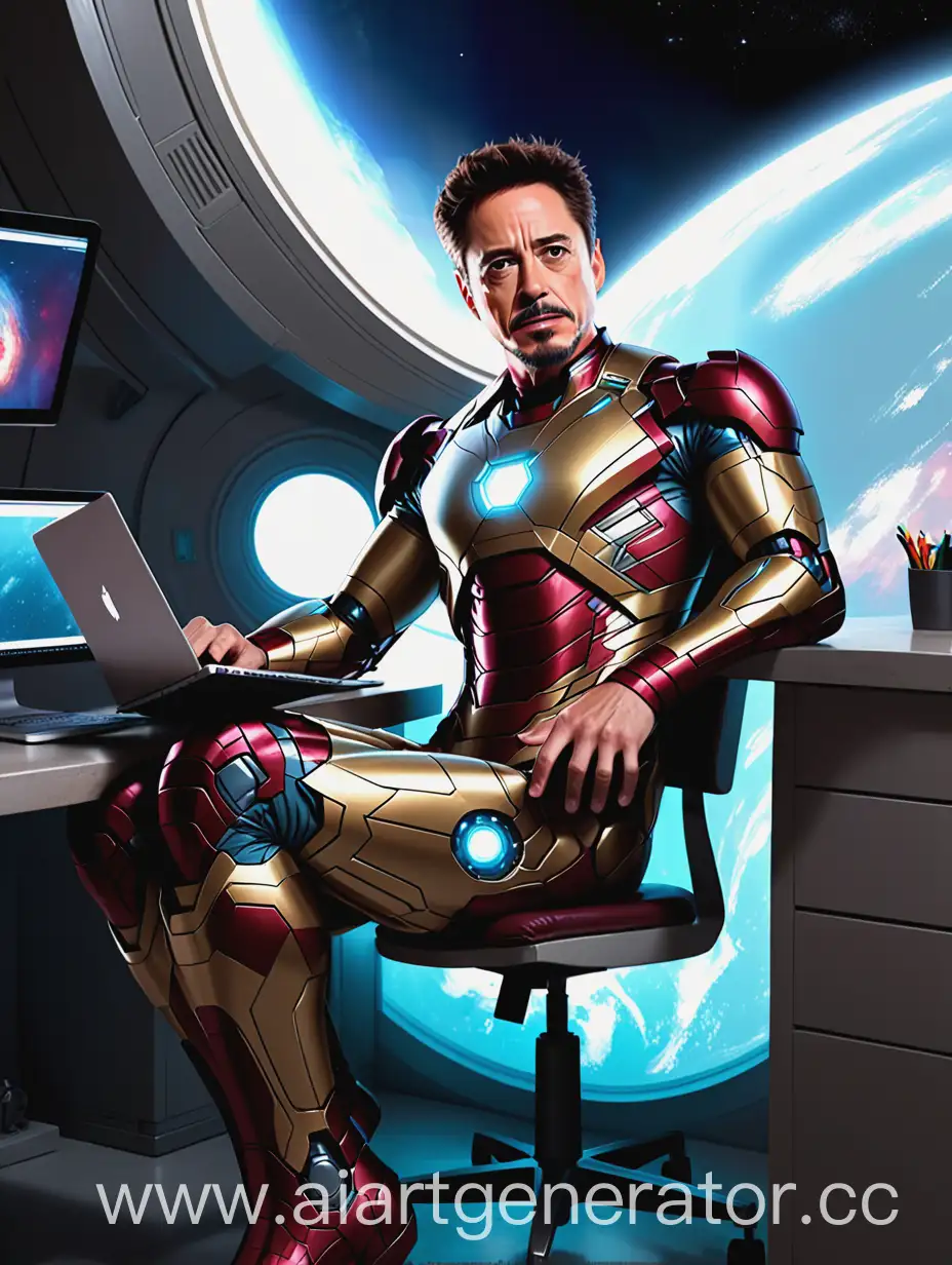 Тони Старк просто в одежде сидящий, но его ноги должны быть на столе и он должен работать за ноутбуком и чтоб было видно то что в Космосе