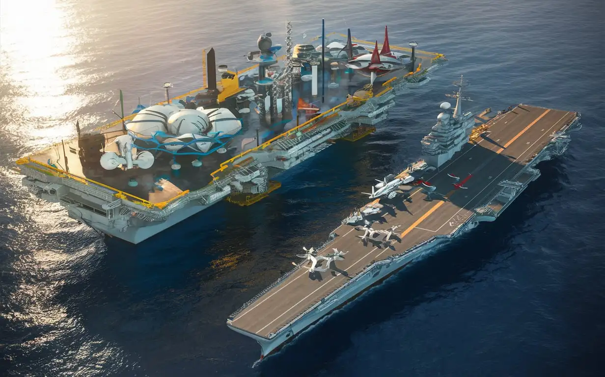 A REAL aircraft carrier is anchored near a massive offshore platform during the day. The platform is equipped with various scientific and technological installations. The carrier’s deck is active with aircraft and drones. The bright sunlight highlights the collaboration between military and scientific endeavors, sparking curiosity about their joint mission.