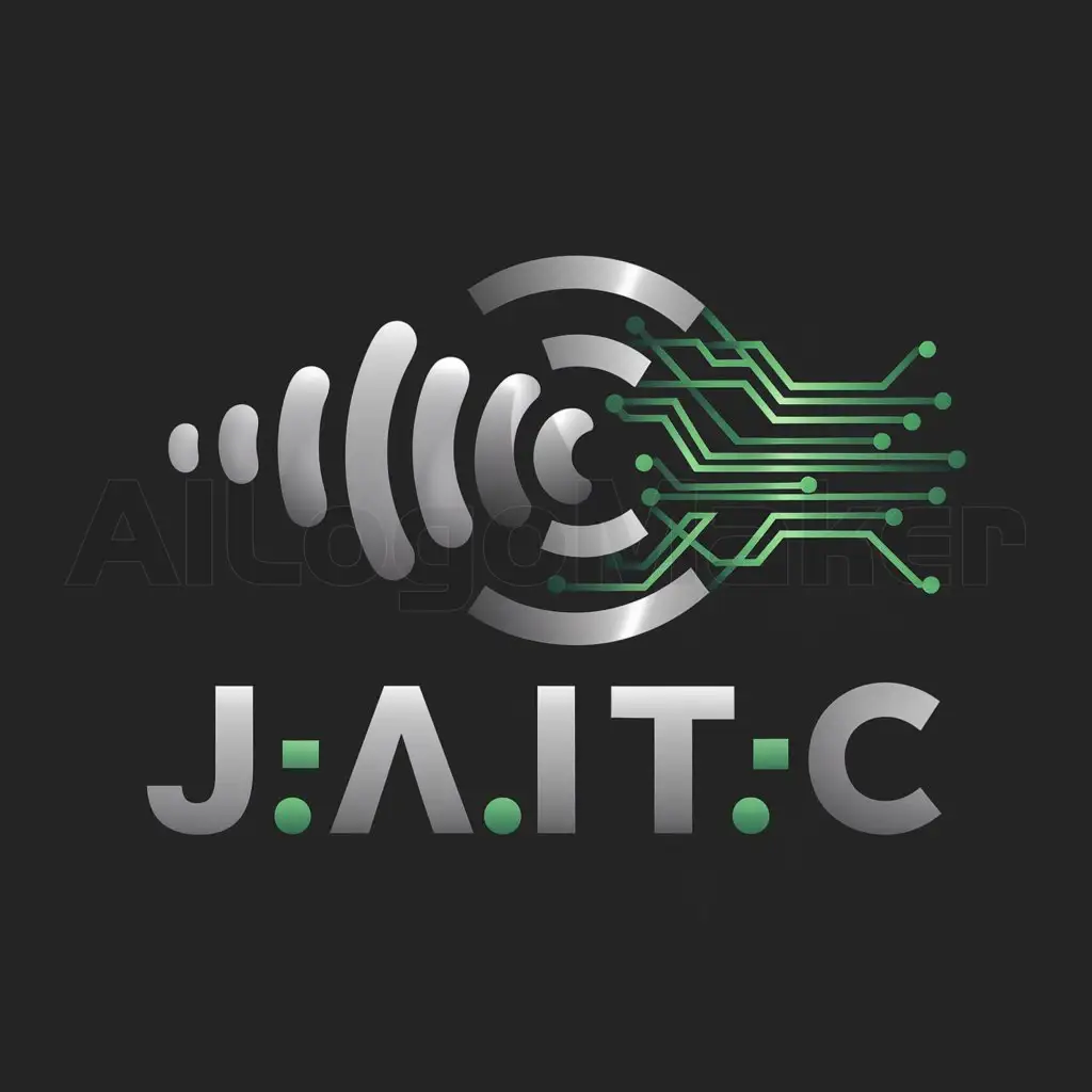 a logo design,with the text "J.A.I.T-C", main symbol:Radio Waves and digital circuits in grey and green,complex,be used in IT industry,clear background