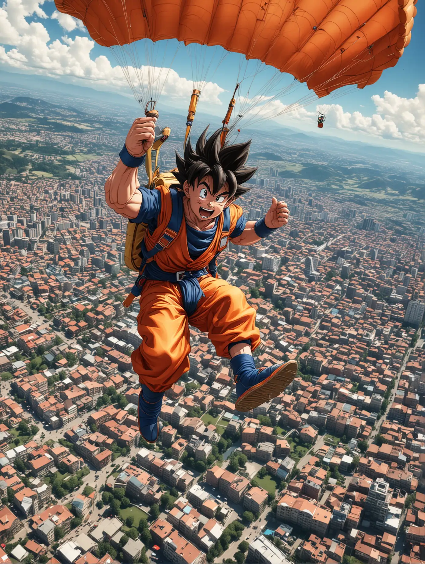 Goku Paragliding Over Urban Cityscape