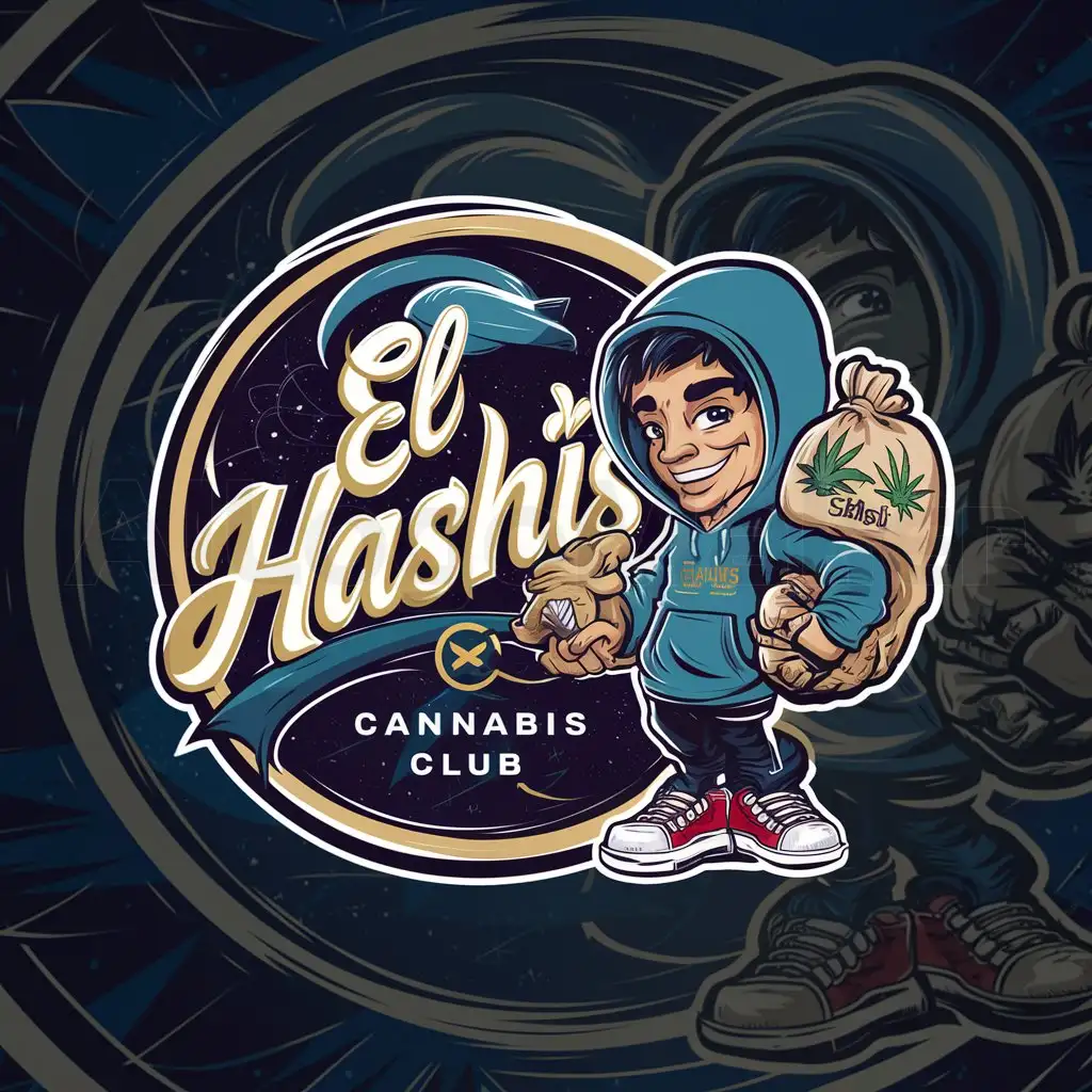 a logo design,with the text "el Hashís Cannabis Club", main symbol:A highly detailed space inspired background with a cool beautiful cartoon character wearing a El Hashís Hoddie and holding a big bag of weed and a joint,complex,be used in Others industry,clear background