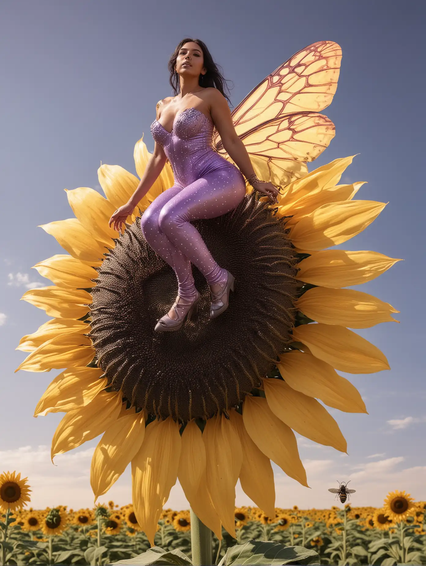 Full body. Latina woman, body painted in light purple, riding a gigantic bee, gigantic sunflower. 