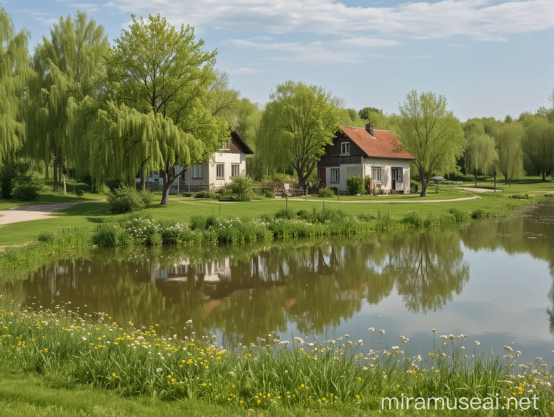 spring, rural area, a few green trees alone, a house in the distance, a few flowers, small lake