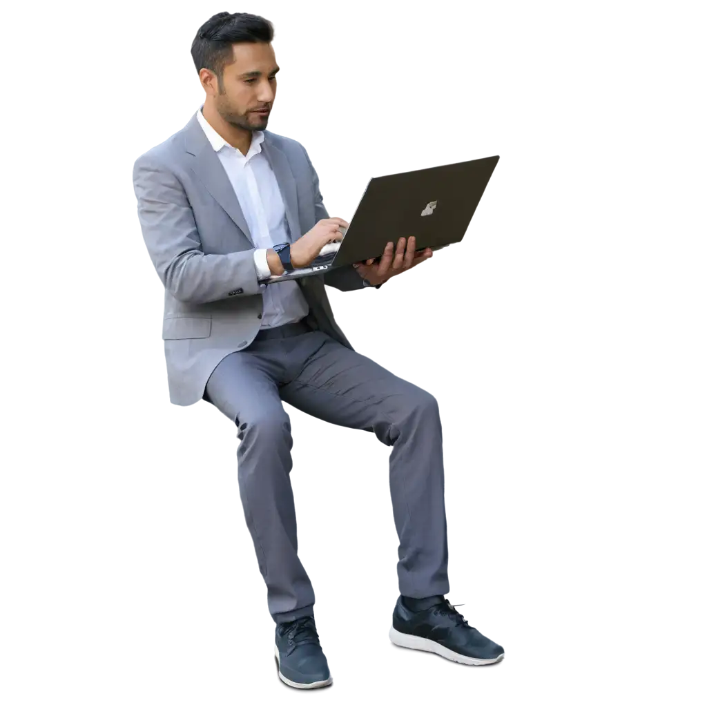 a man sitting using laptop man standing
