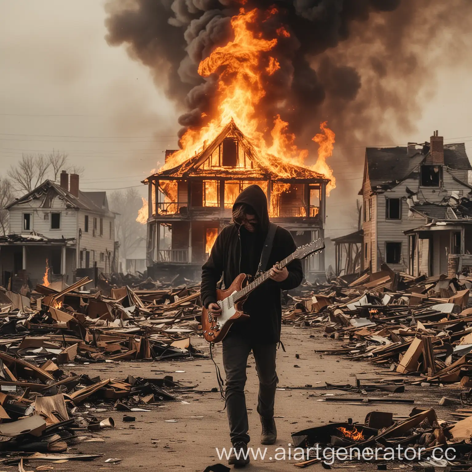 человек идет с разбитой гитарой опустив голову мимо горящих домов