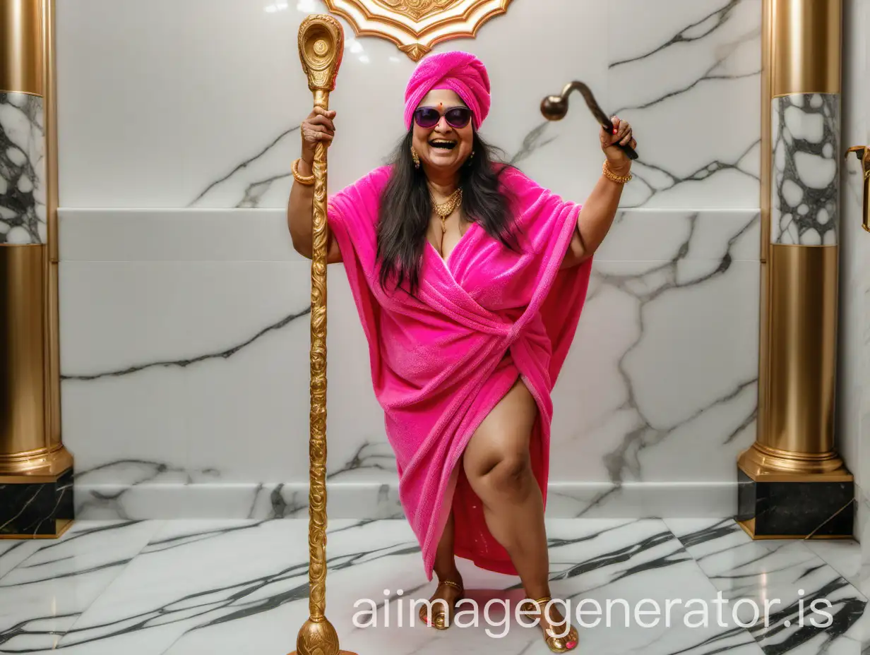 a 47 years old fat mature indian woman backside, with curvy figure, long dense hair, wearing a hat on head, wet neon pink bath towel, wearing a sunglasses on face, white high heels on feet, doing squat exercise and wearing lots of gold ornaments and holding a royal stick, happy and smiling in a marble room, it's evening time and a lot of thongs are on the floor, and lights are there