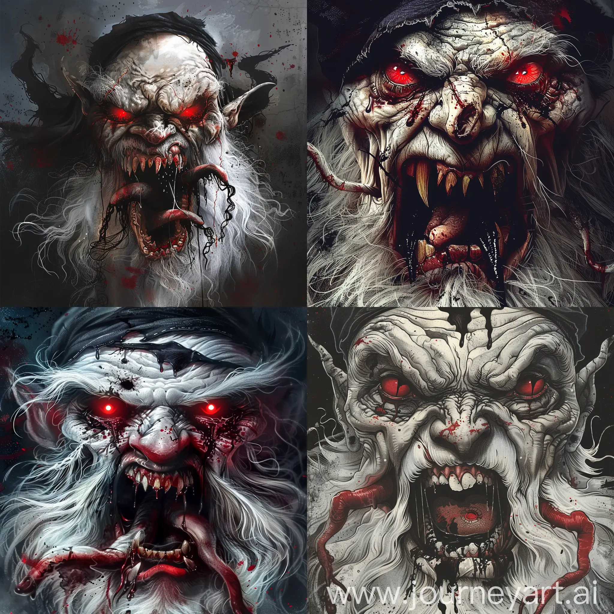 A very scary evil creature with a white and gray face and red eyes that can be seen with red light, like a bat in the dark and angry with an open mouth while three tongues are sticking out of his mouth and he has a black handkerchief tied around his head and a tangled white beard. Black blood spilled from his mouth on his ugly and white beard! He is very old