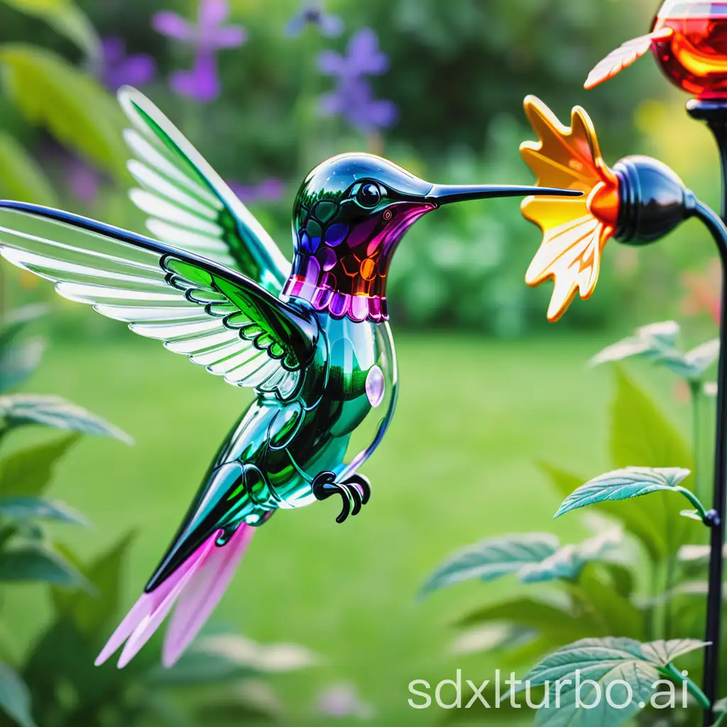 A cute colorful glass hummingbird is playing in the garden, a hummingbird flies