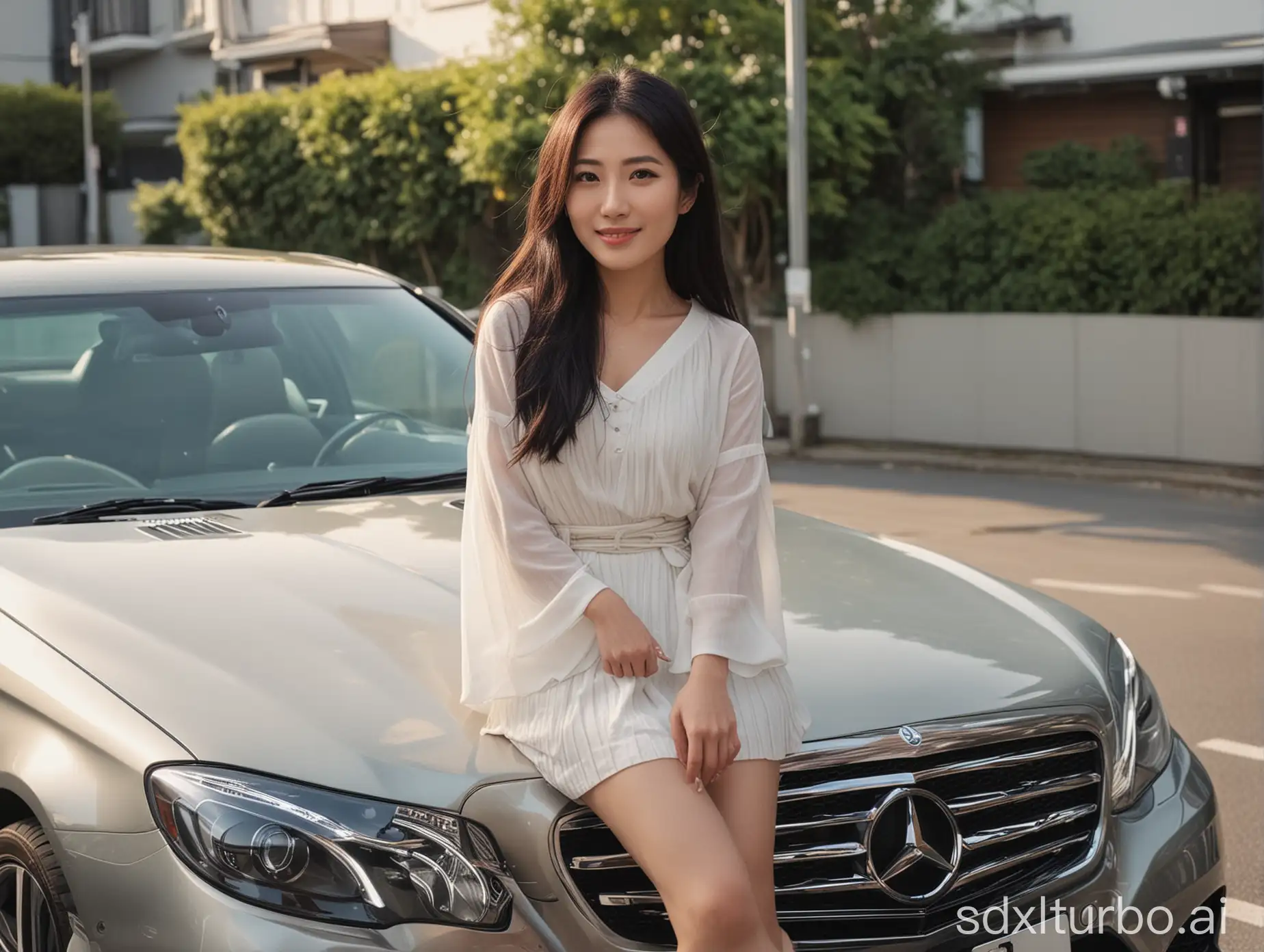 beautiful intellectual typical Japanese 33-year-old girl stands beside a BENZ car , smiling, Instagram model, long black hair, warm, black eyes, height 6.5 feets, female, masterpiece, 4k, correct fingers or hands