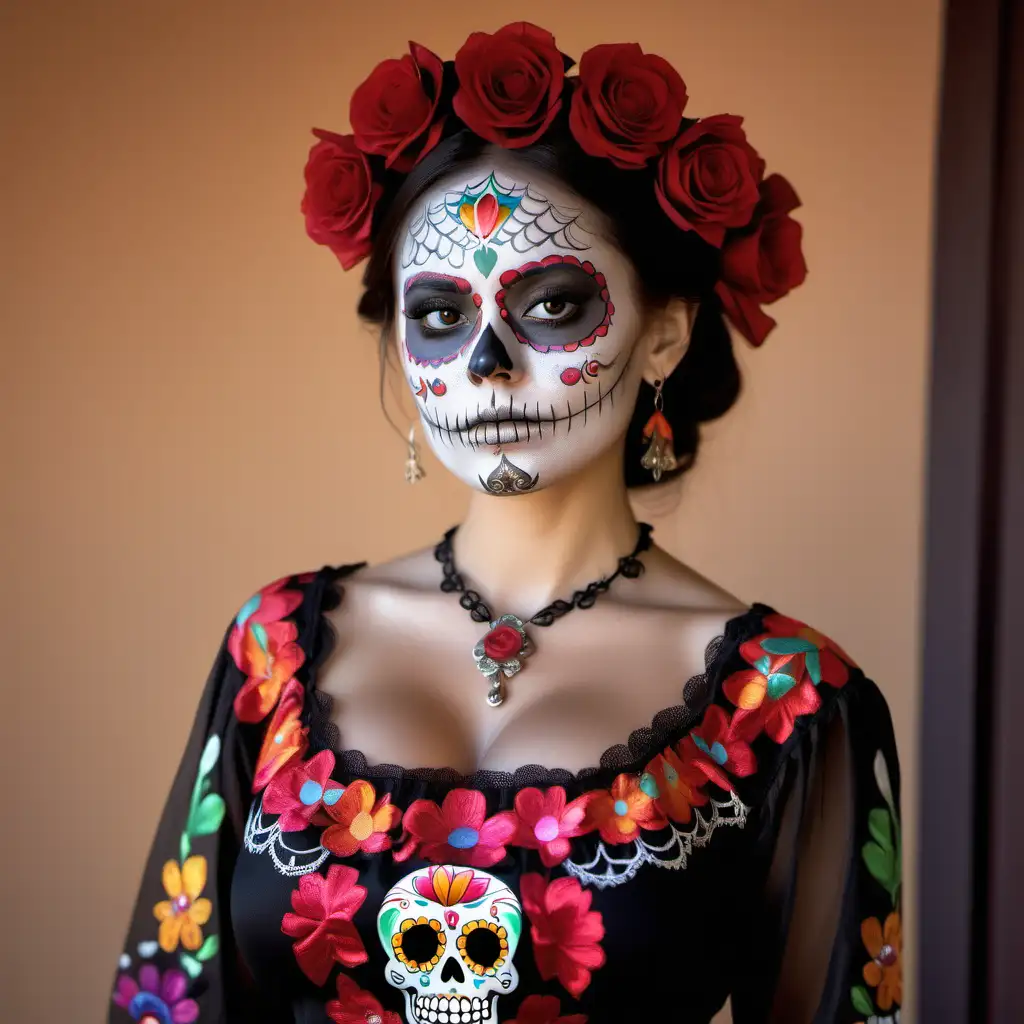 photo taken with a profesional camera, sugar skull as fine woman, very thin, delicate, beautiful, perfect eyes, well dressed, firm breast, traditional mexican bluse,bright face, natural skin, realistic skin, 