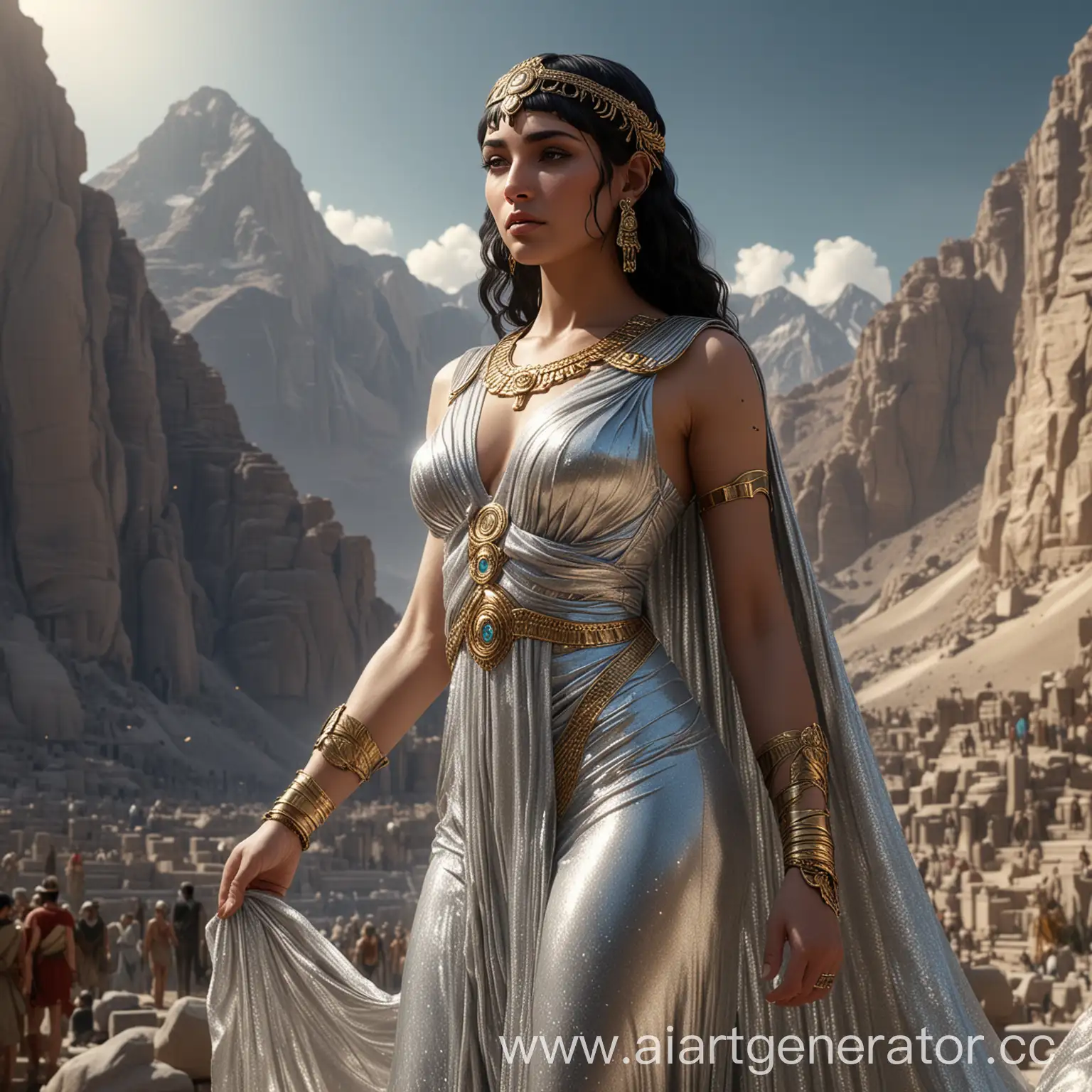 Cleopatra-in-Shimmering-Silver-Gown-on-Mount-Olympus