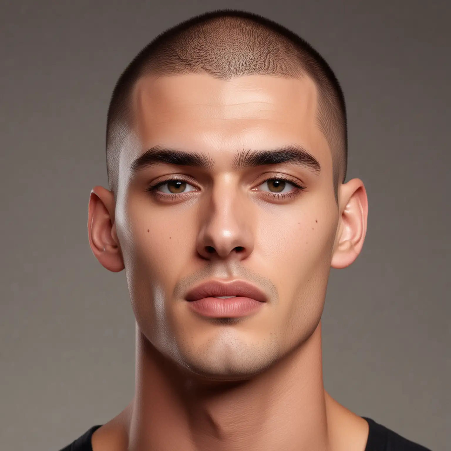 27 yo extremally handsome male model, shaved, symmetric face, handsome, thick brows, perfect, HD, 8K, square jaw, front view, bald, glow skin, realistic