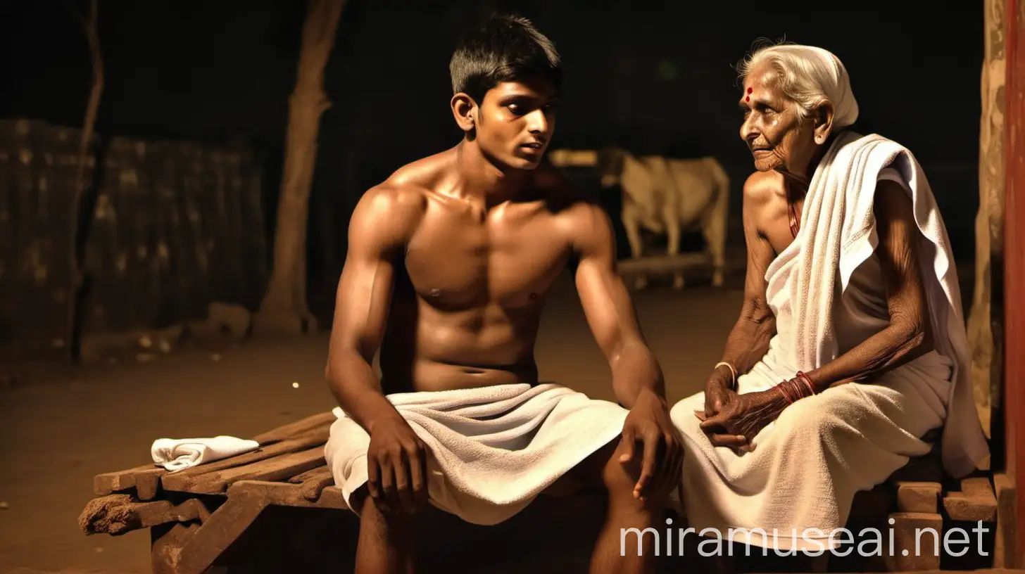 a muscular indian man  age 20 years old is sitting with a 67 yers old woman on a cot in a village court yard .and both are wearing cheap towel. its night time