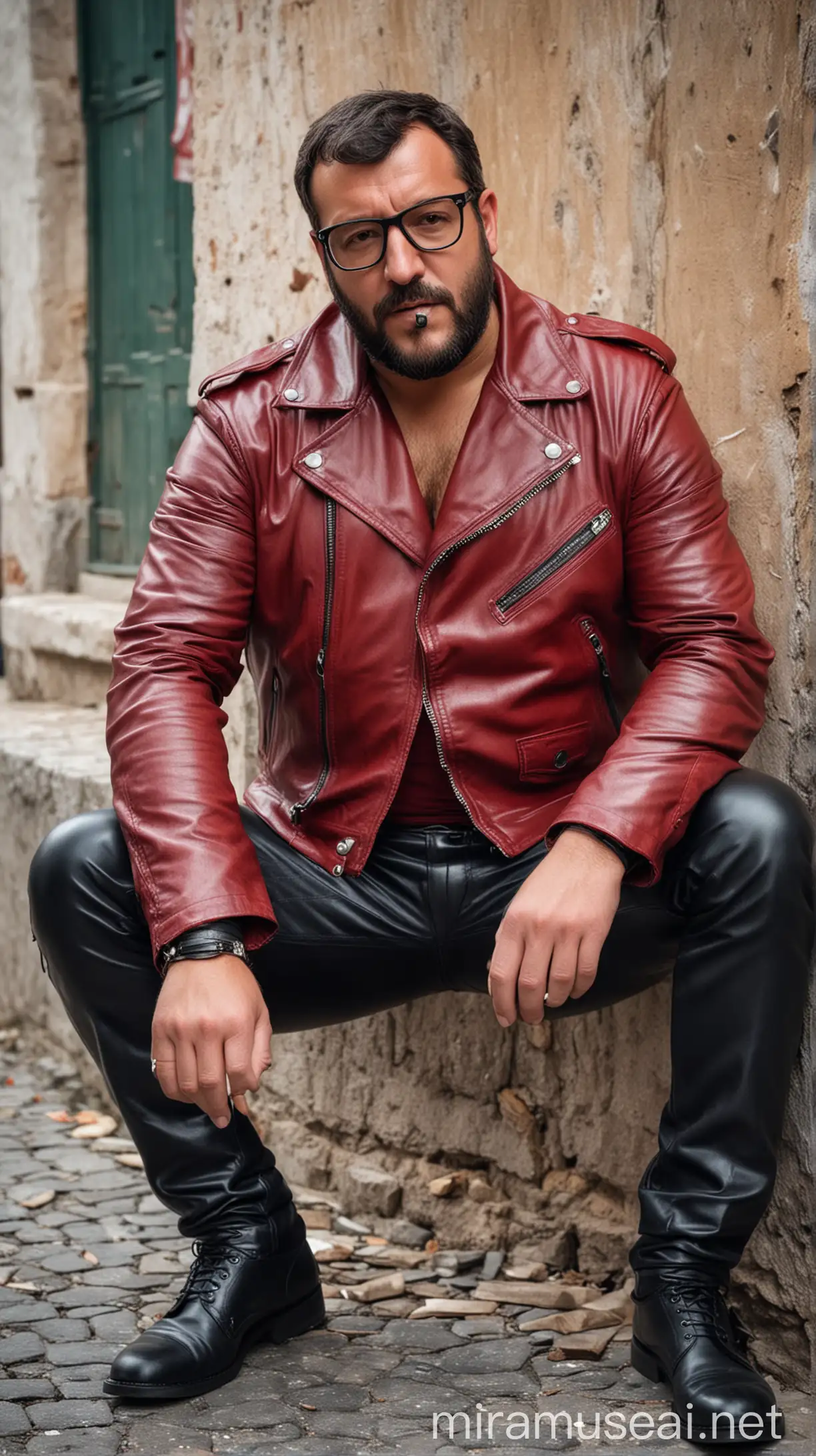 A thick manly muscled and bearded  with a thick bulge Matteo Salvini smoking a big cigar tight black leather jacket and very tight red leather pants biker style dressed wearing glasses crawling on his knees wearing glasses