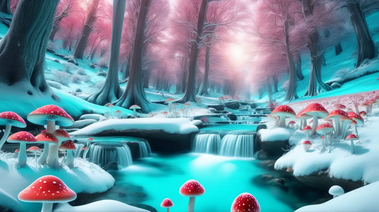 Snow covered green and Blue and red. Pink. Red luminescent mushrooms in the daytime spring and magical mushrooms with a magical turquoise glowing forest with waterfall and a grove. Planets and galaxies
