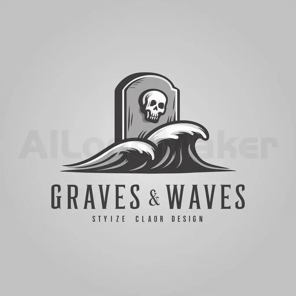 LOGO-Design-for-Graves-Waves-Minimalistic-Grayscale-with-Creepy-Headstone-and-Beach-Waves