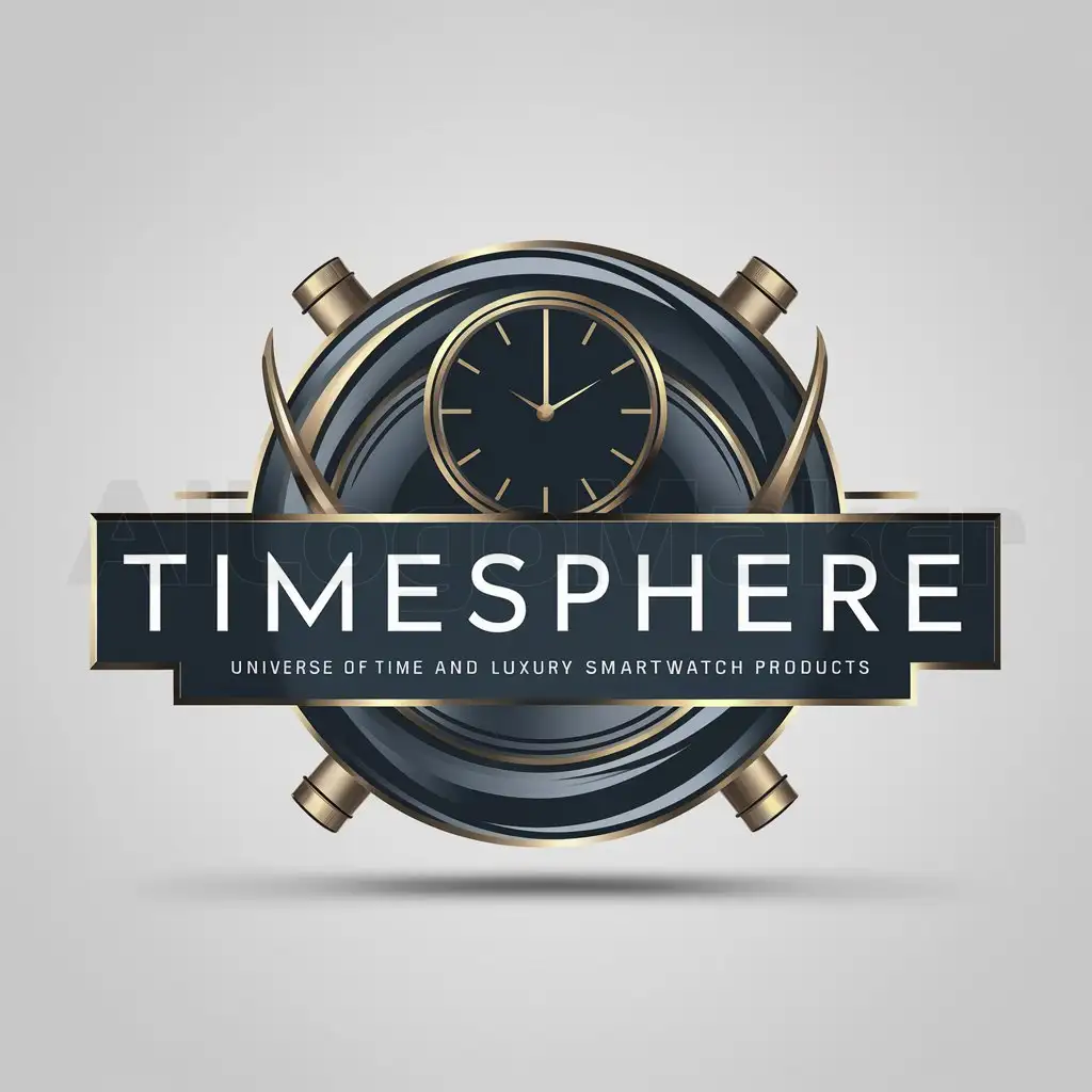 a logo design,with the text "TimeSphere", main symbol:The logo of TimeSphere features a sleek and modern design with a stylized clock symbolizing the passage of time. The name 'TimeSphere' conveys the idea of a universe of time and luxury surrounding our products. The clock is surrounded by an aura of sophistication and exclusivity, reflecting the premium quality of our smartwatches. Dark and vibrant colors such as dark blue and gold are used, conveying a sense of elegance and prestige. The logo design suggests the integration of advanced technology into a luxurious and timeless design, where every moment is lived in style.,complex,be used in Technology industry,clear background