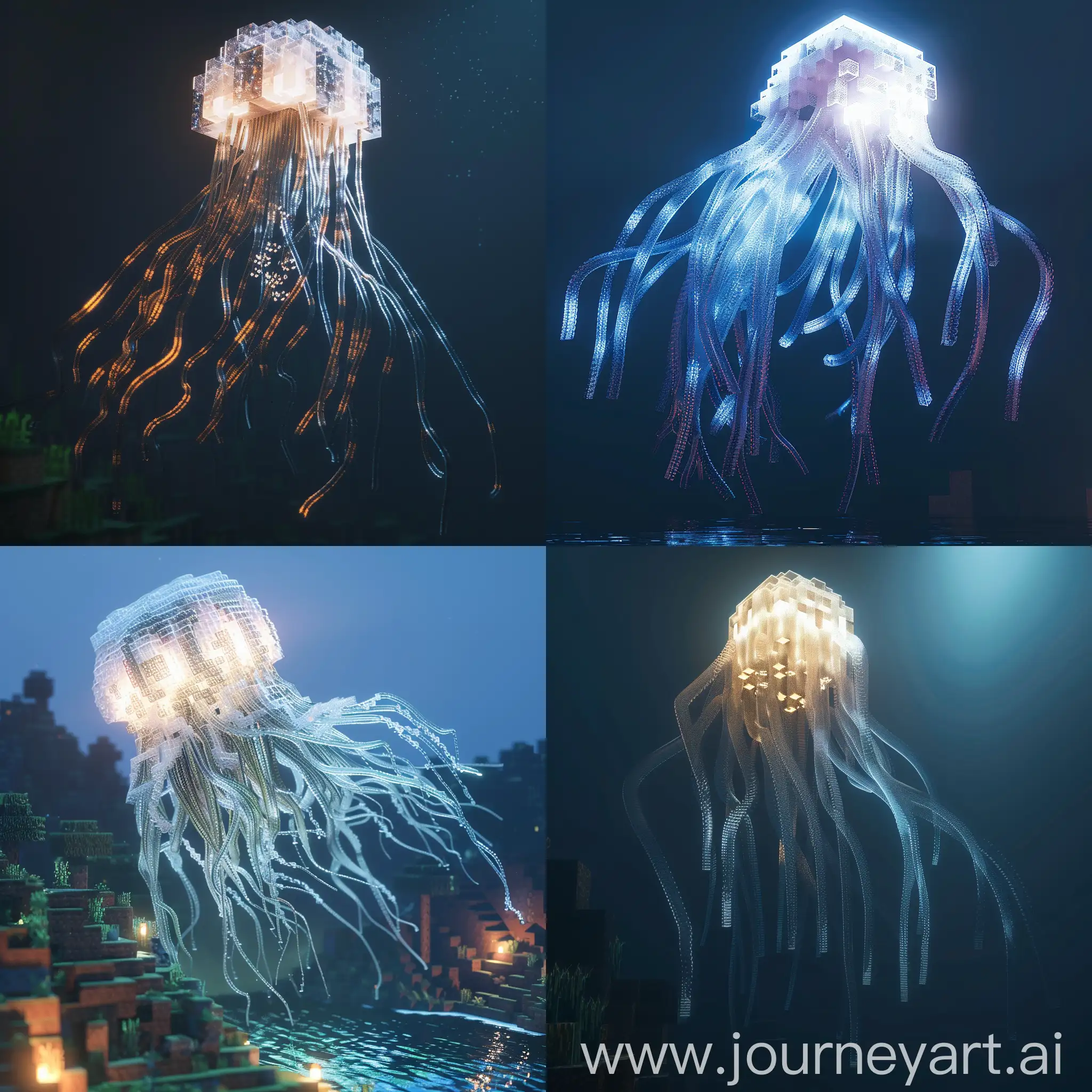 A photorealistic depiction of a Minecraft Ghast, a large, floating, jellyfish-like creature with long, translucent tentacles