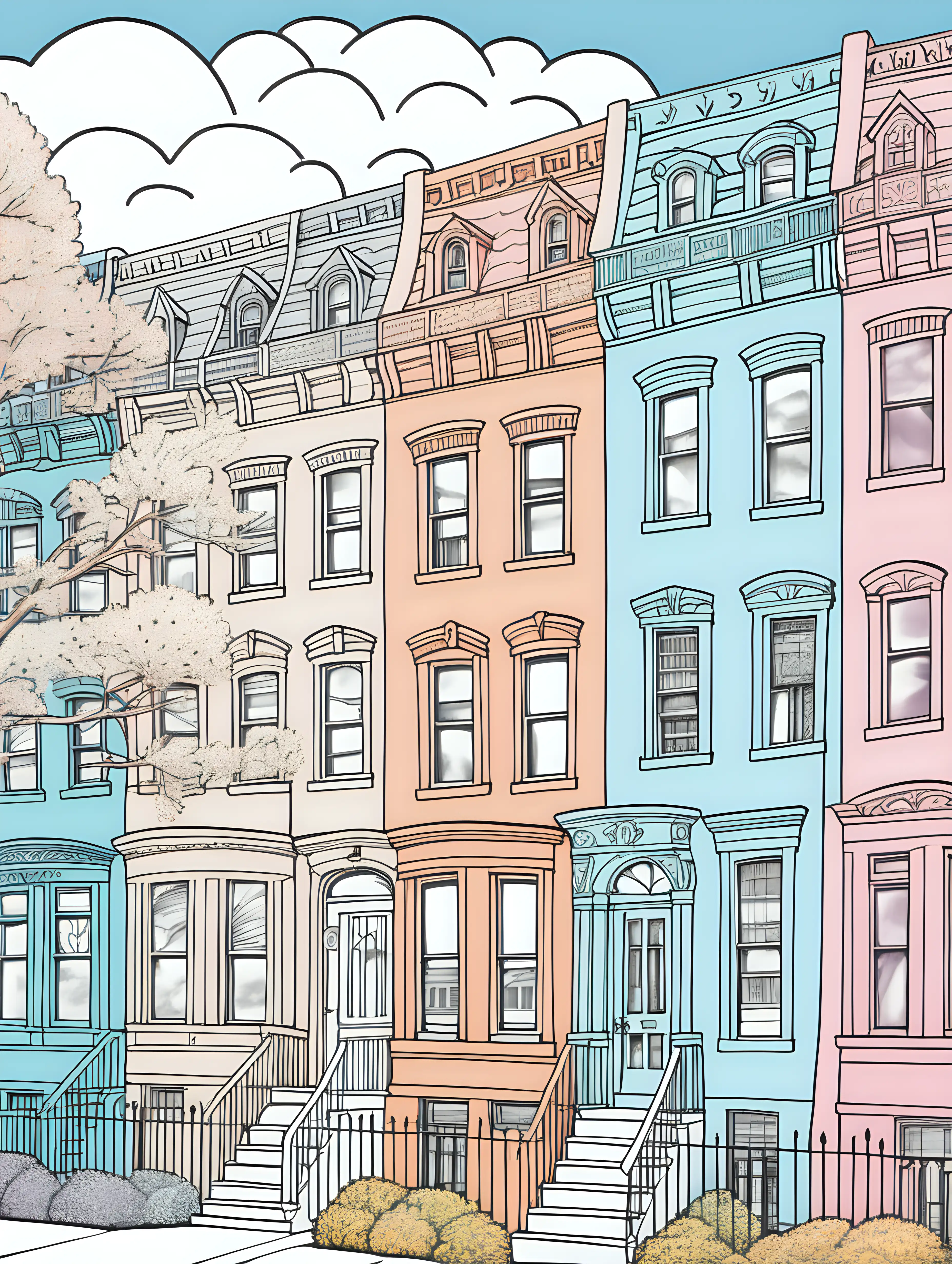 illustrated cover for a coloring book, colored in pastel palettes, new york city style townhouses aligned horizontally, each a different color palette, pretty trees and flowers line the block, Some houses are colored in perfectly while others are half colored in, inviting readers to fill in the blanks with their imagination, Above is a playful sky with a sun and some clouds, image serves as the perfect wrap for a whimsical coloring book for young adults, sharp details.