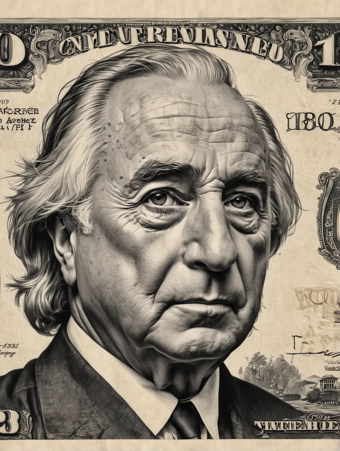 Bernie Madoff Portrait Illustration on Banknote in Monochrome Style