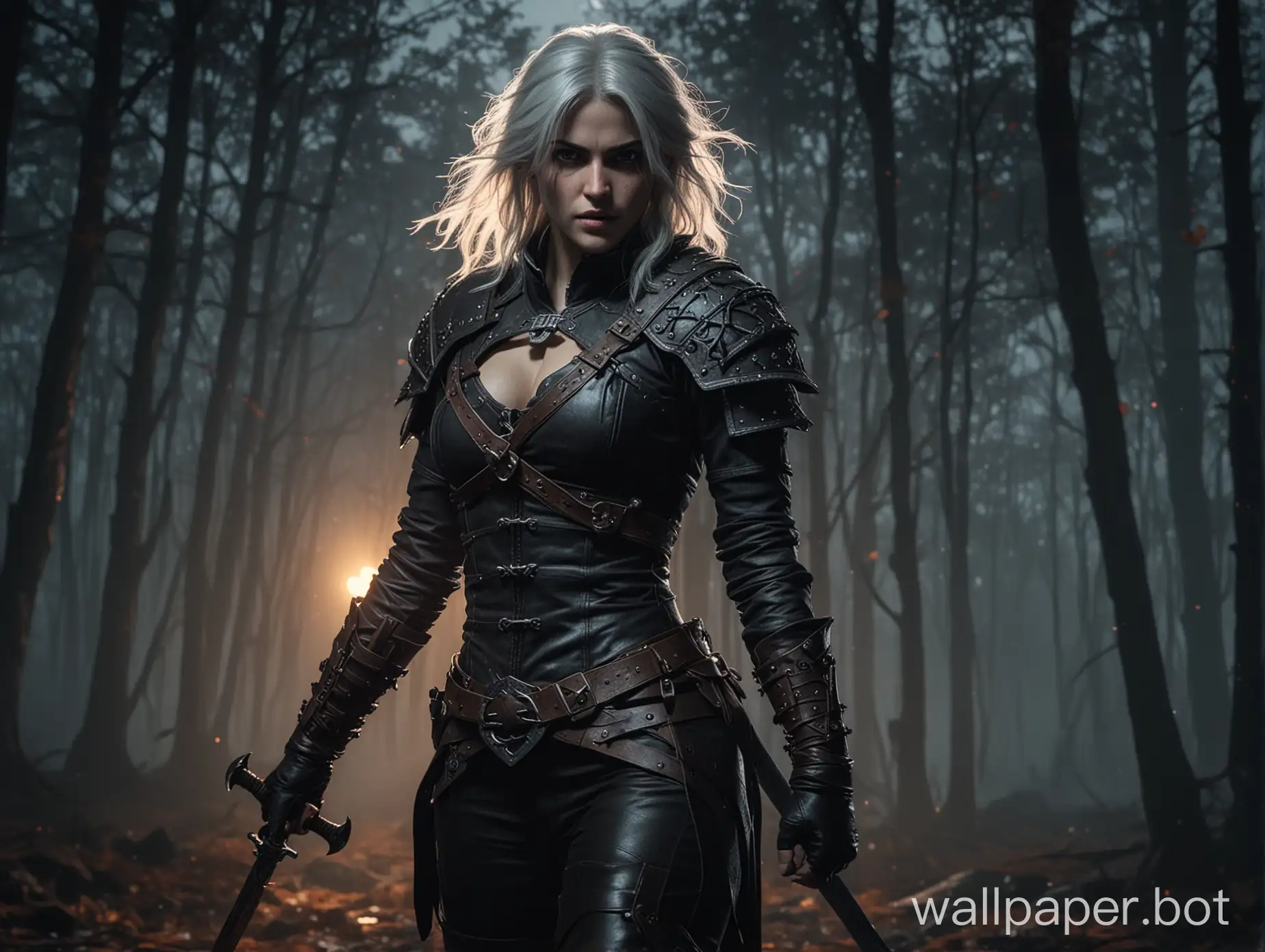 Cirilla from Witcher in leather armor, with a sword in hand, goes through the moonlit forest, fiery wolf eyes in the background, 4K
