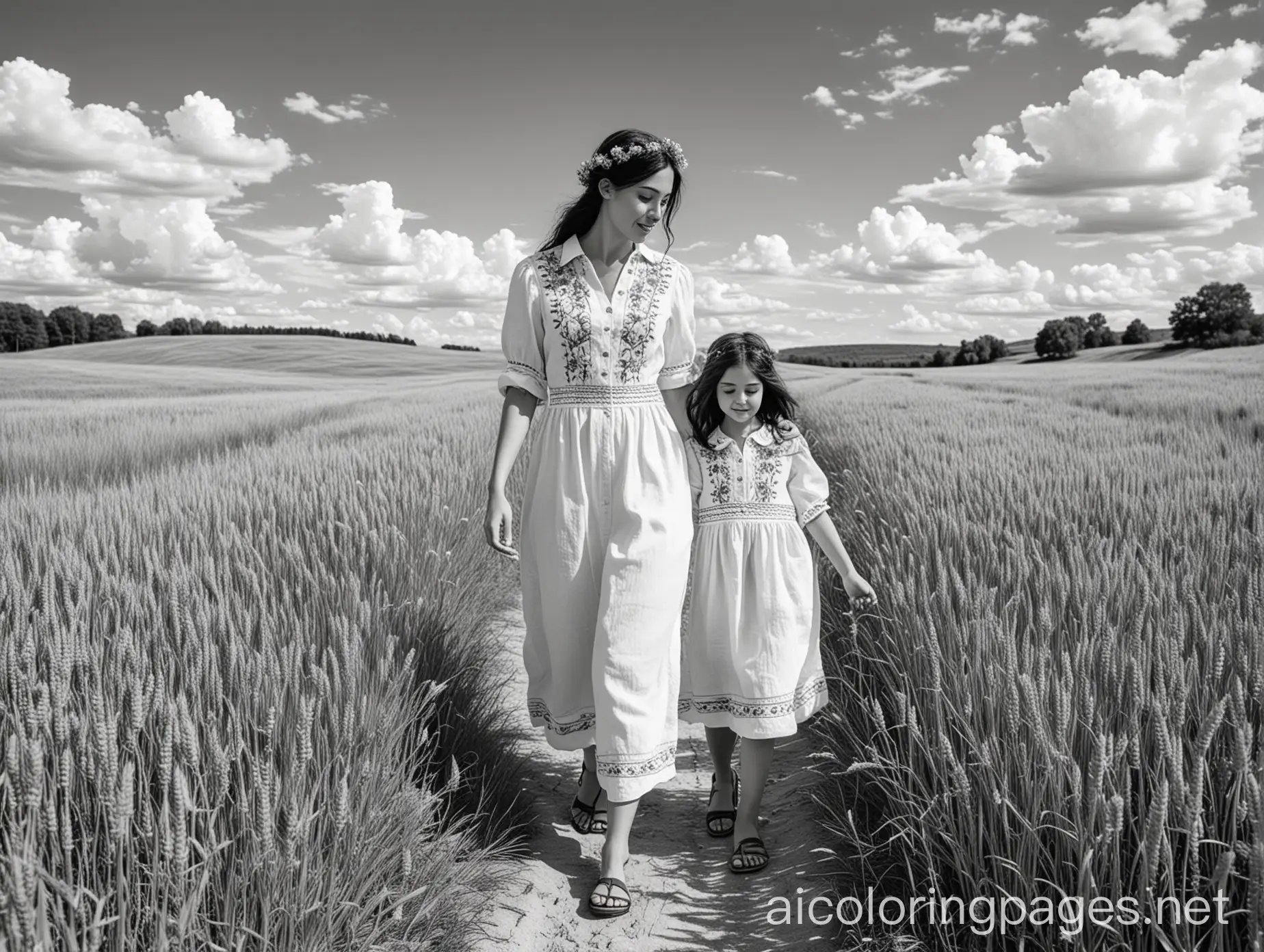 A woman with dark hair, with a wreath of wildflowers on her head, in an embroidered linen shirt, leads her little daughter by the hand along a path among a field of golden wheat, above them the blue sky with light clouds, Coloring Page, black and white, line art, white background, Simplicity, Ample White Space. The background of the coloring page is plain white to make it easy for young children to color within the lines. The outlines of all the subjects are easy to distinguish, making it simple for kids to color without too much difficulty