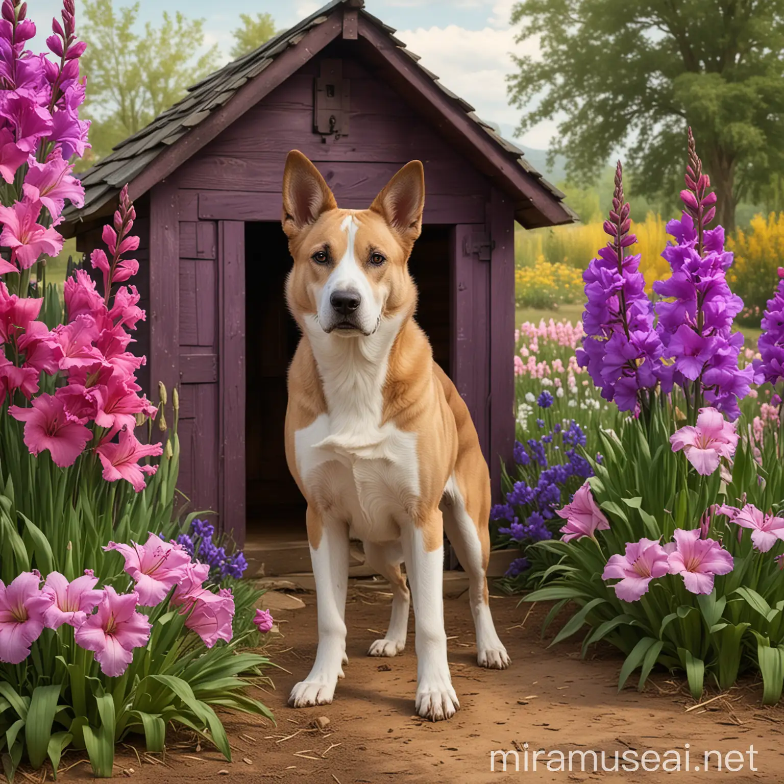 تصویر دیجیتال ارت سگی زیبا که در مزرعه ای کتار کلبه سگ ها ایستاده واطراف کلبه کل های بنفش گلایور خودنمایی میکند .تصویر فرا واقعی باتوجه به پترن های رنگی گرم وسرد برام بساز بسیار تک ومنحصر به فرد