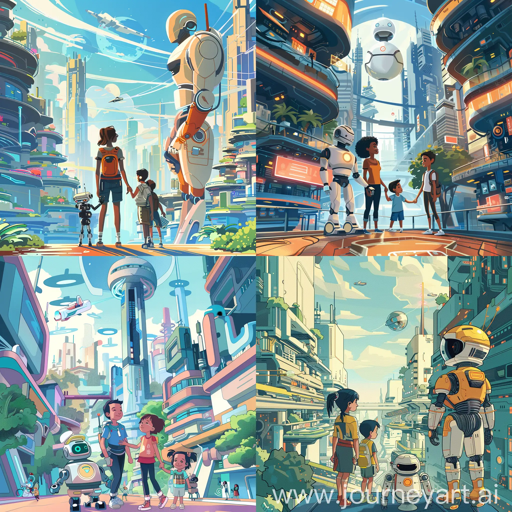 an illustration of a young urban family and their robot exploring a futuristic city 