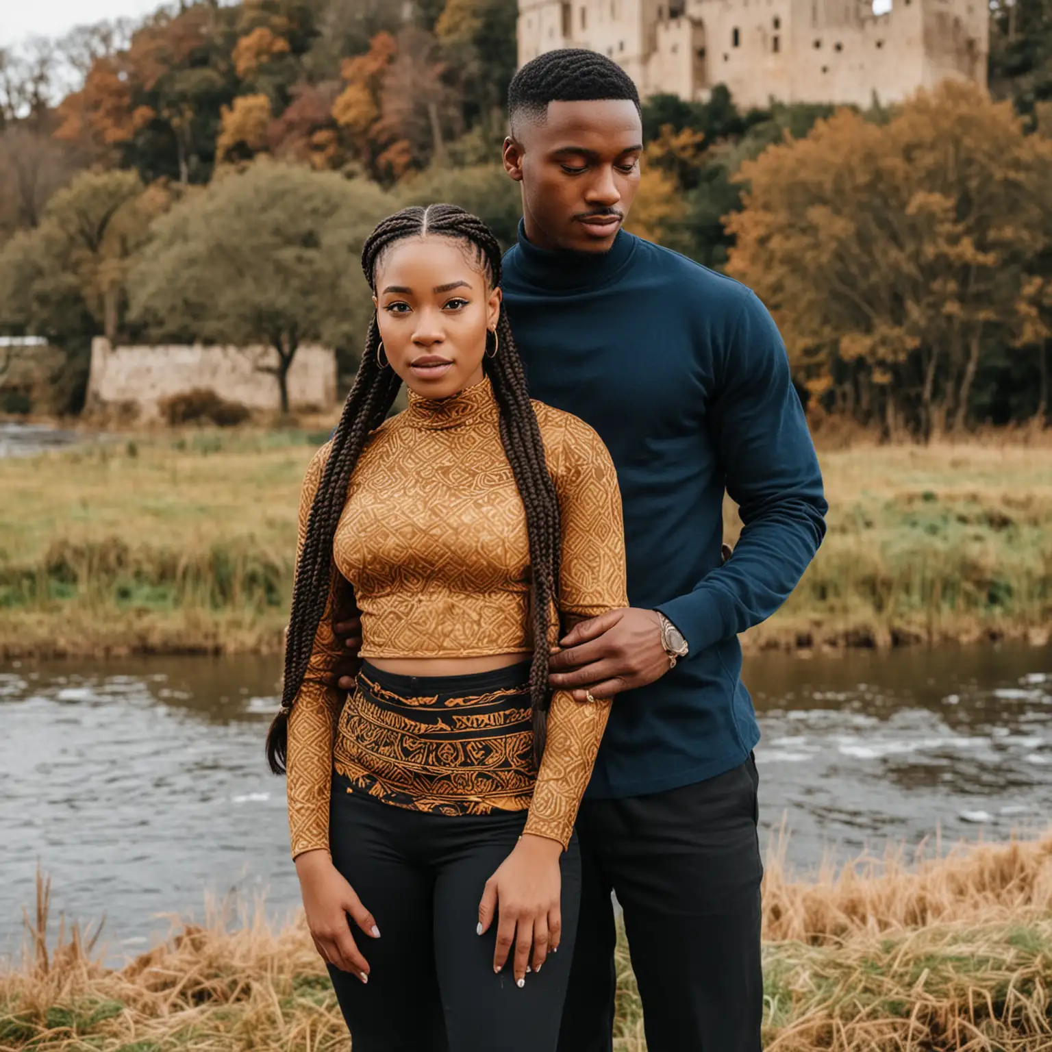 Romantic African Couple Embracing by the River with Castle Background