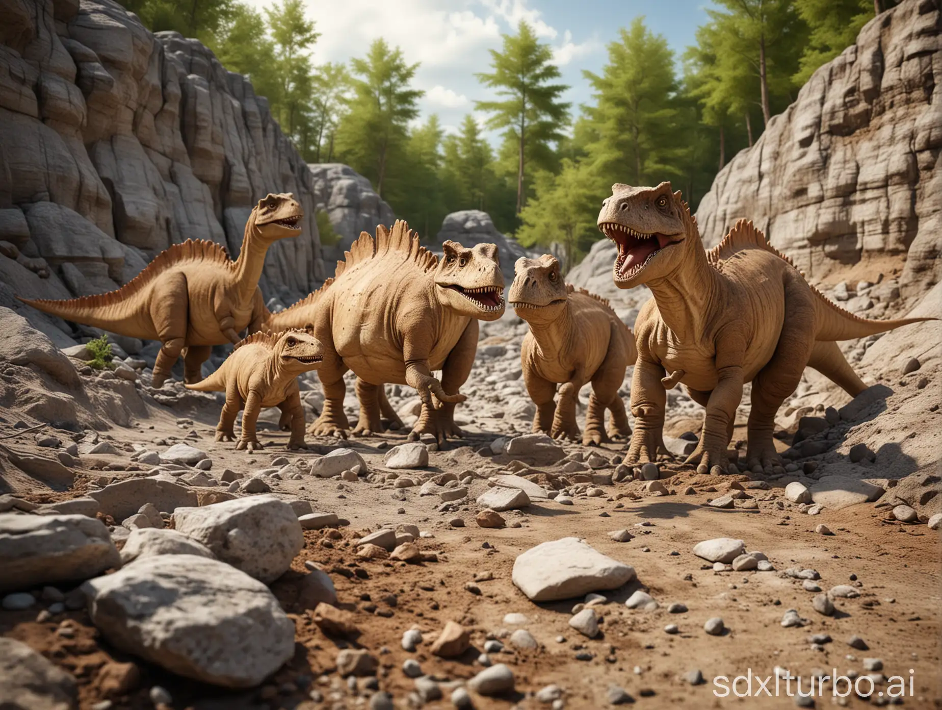 Carnosaurus familie in einem frei gehege, vorne vorm  Gehege pflastersteine