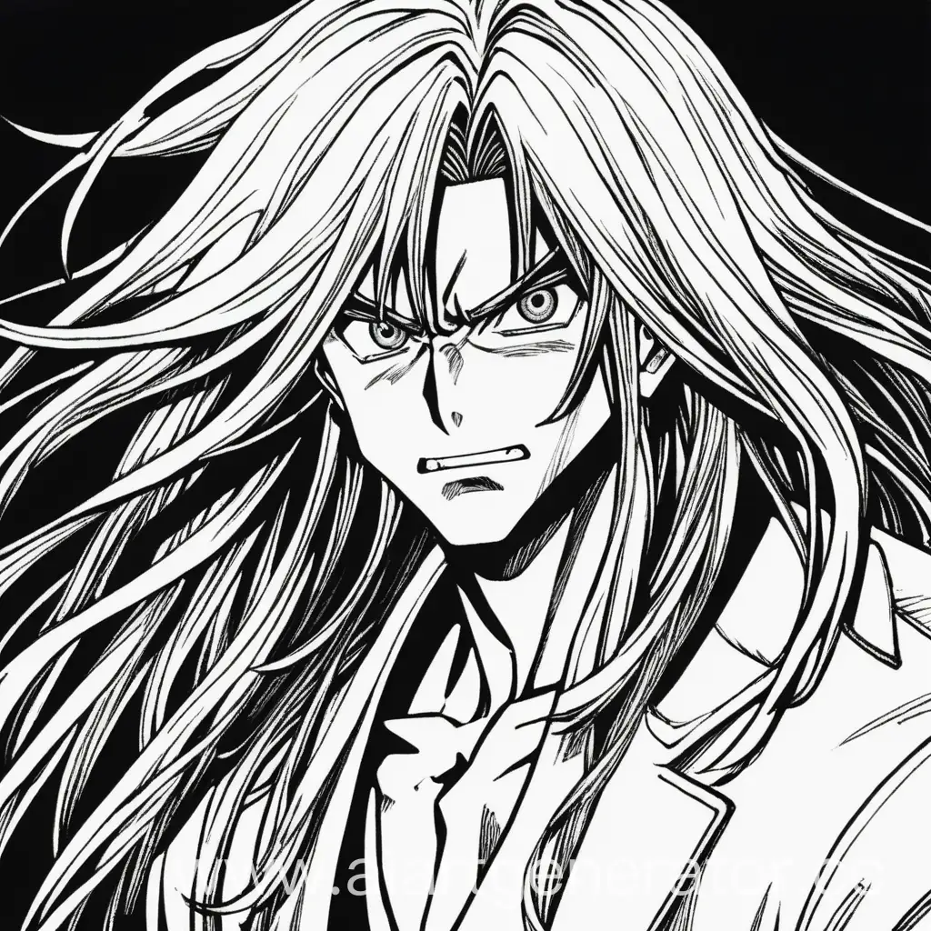 Персонаж из манги, аниме, безумный взгляд, сходит с ума, длинные волосы, мужчина двухмерный.