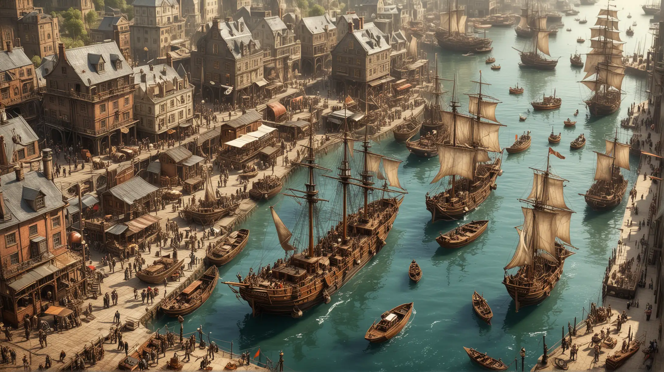 a steampunk harbour, some sailing ships, crowd, sunny, bird's eye view